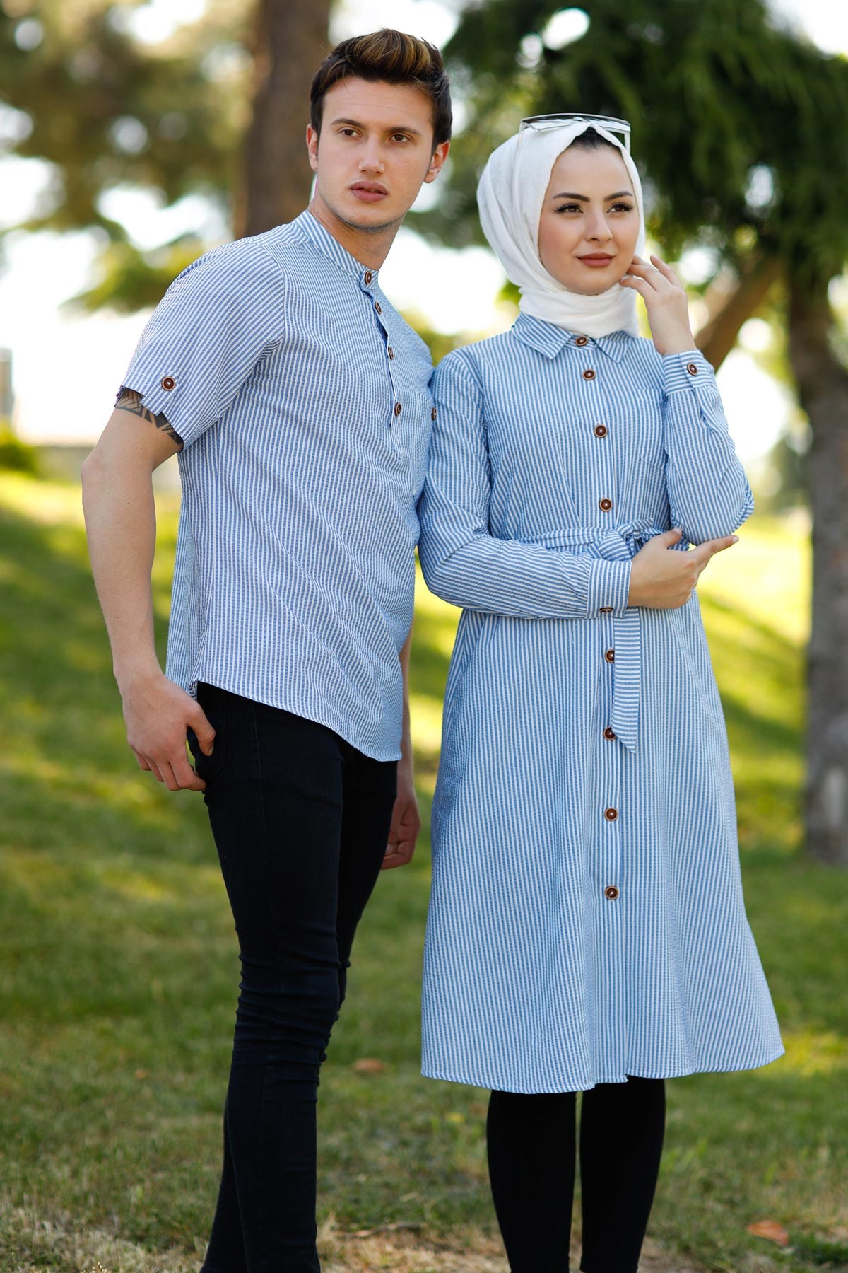 Düğmeli Çizgili Tunik Mavi 10792