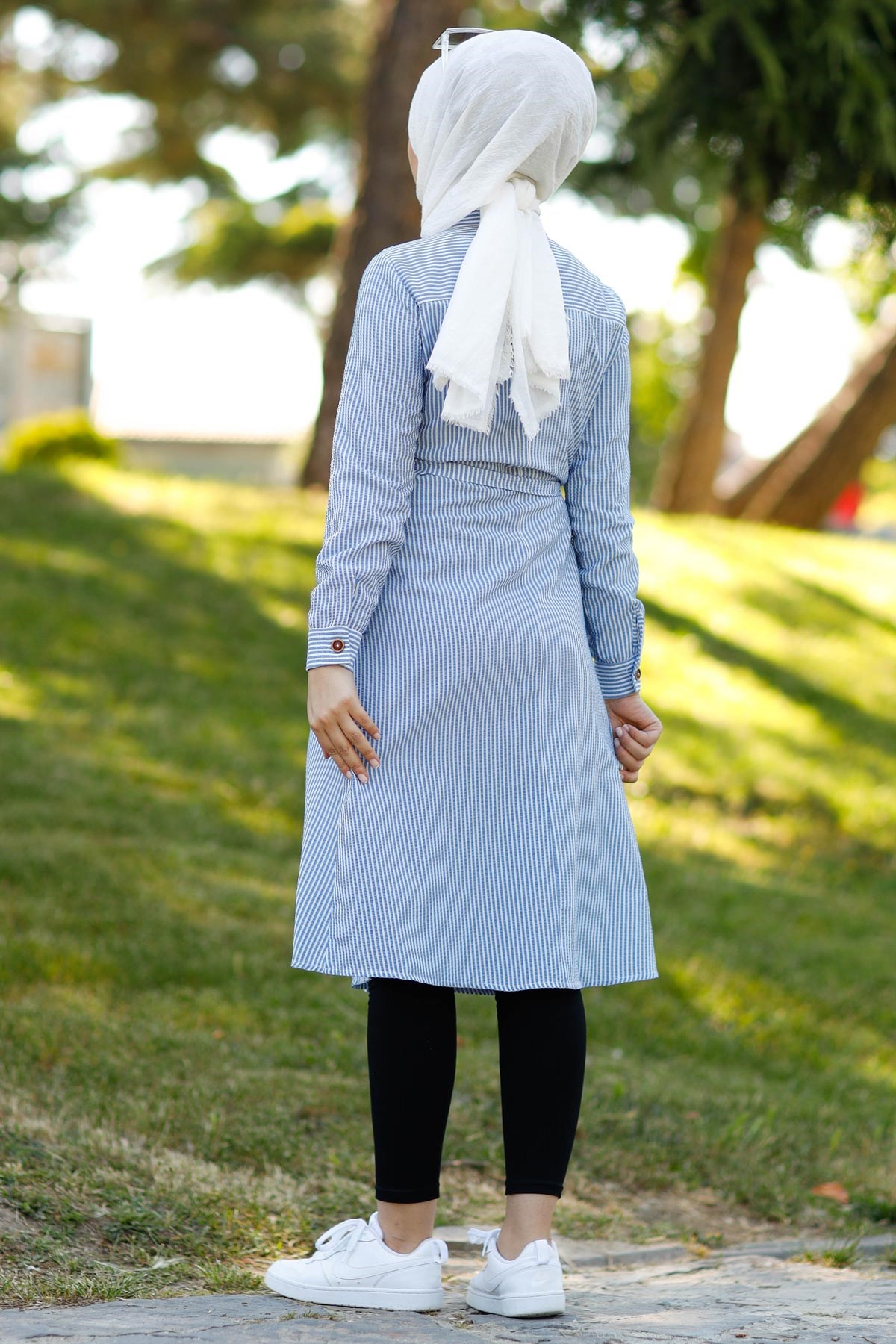 Düğmeli Çizgili Tunik Mavi 10792