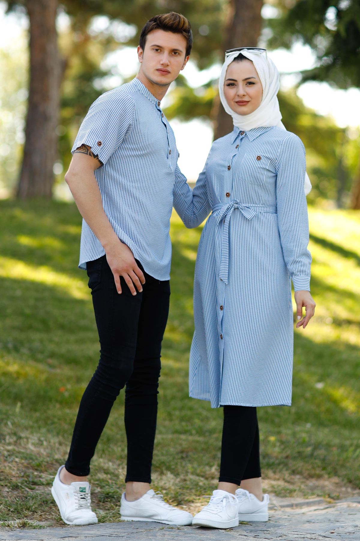 Düğmeli Çizgili Tunik Mavi 10792