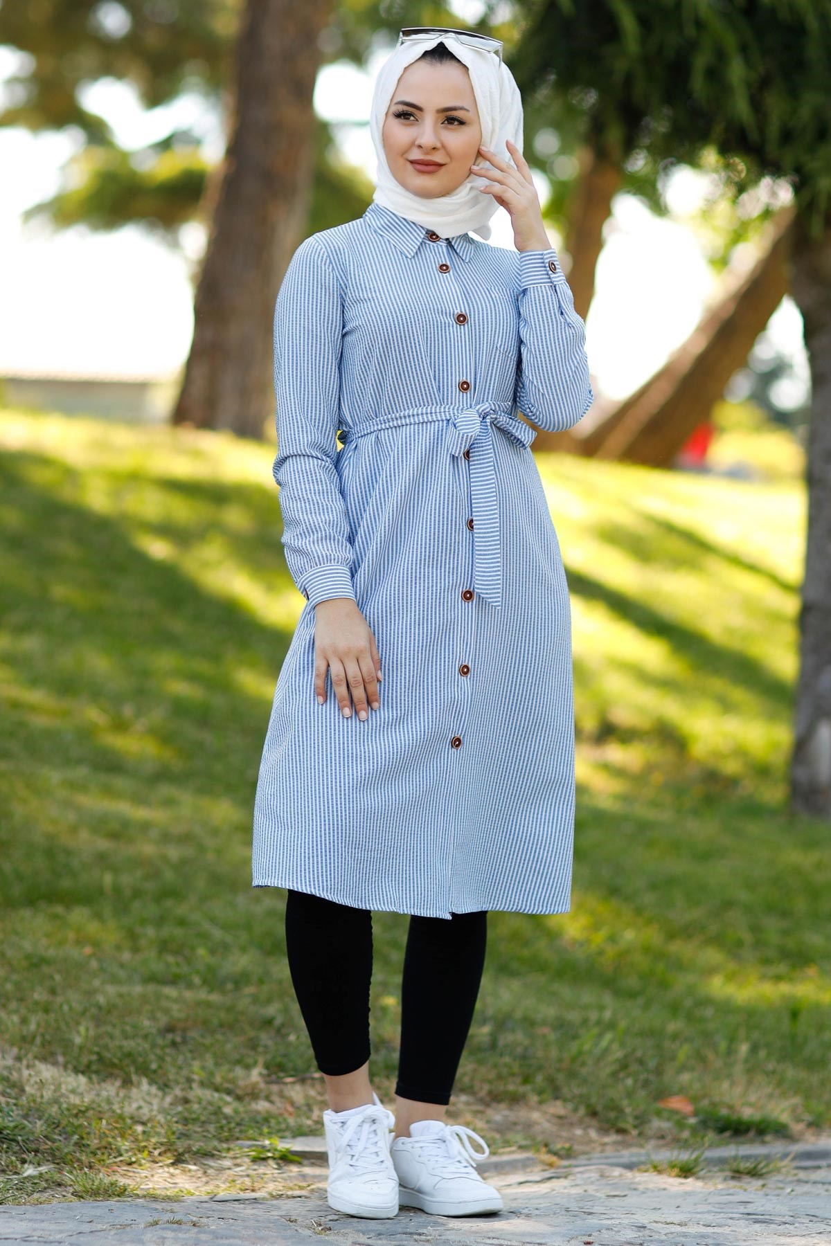 Düğmeli Çizgili Tunik Mavi 10792