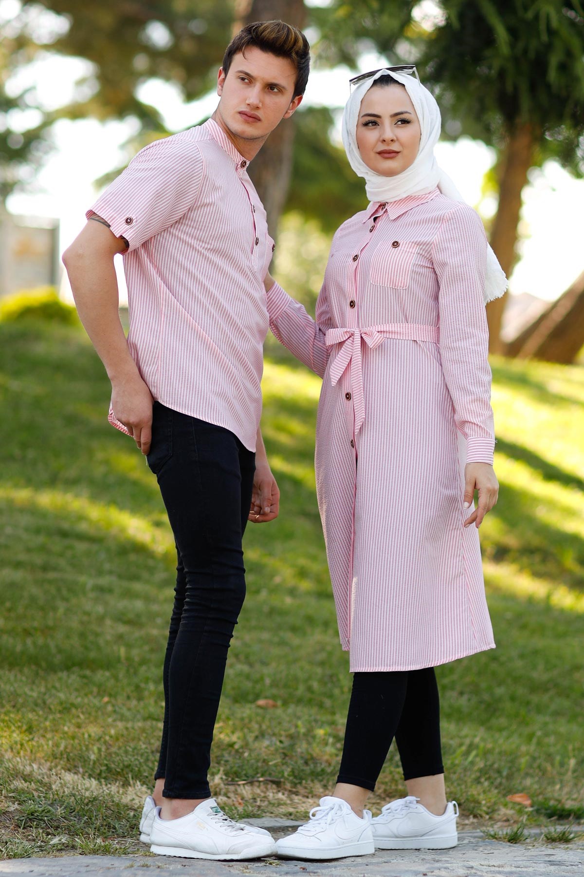 Düğmeli Çizgili Tunik Pembe 10792