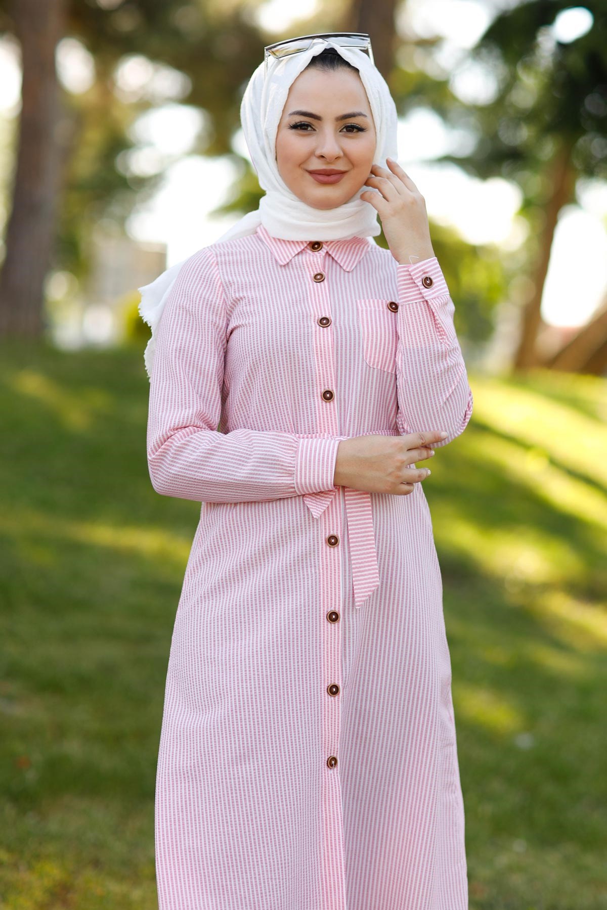 Düğmeli Çizgili Tunik Pembe 10792