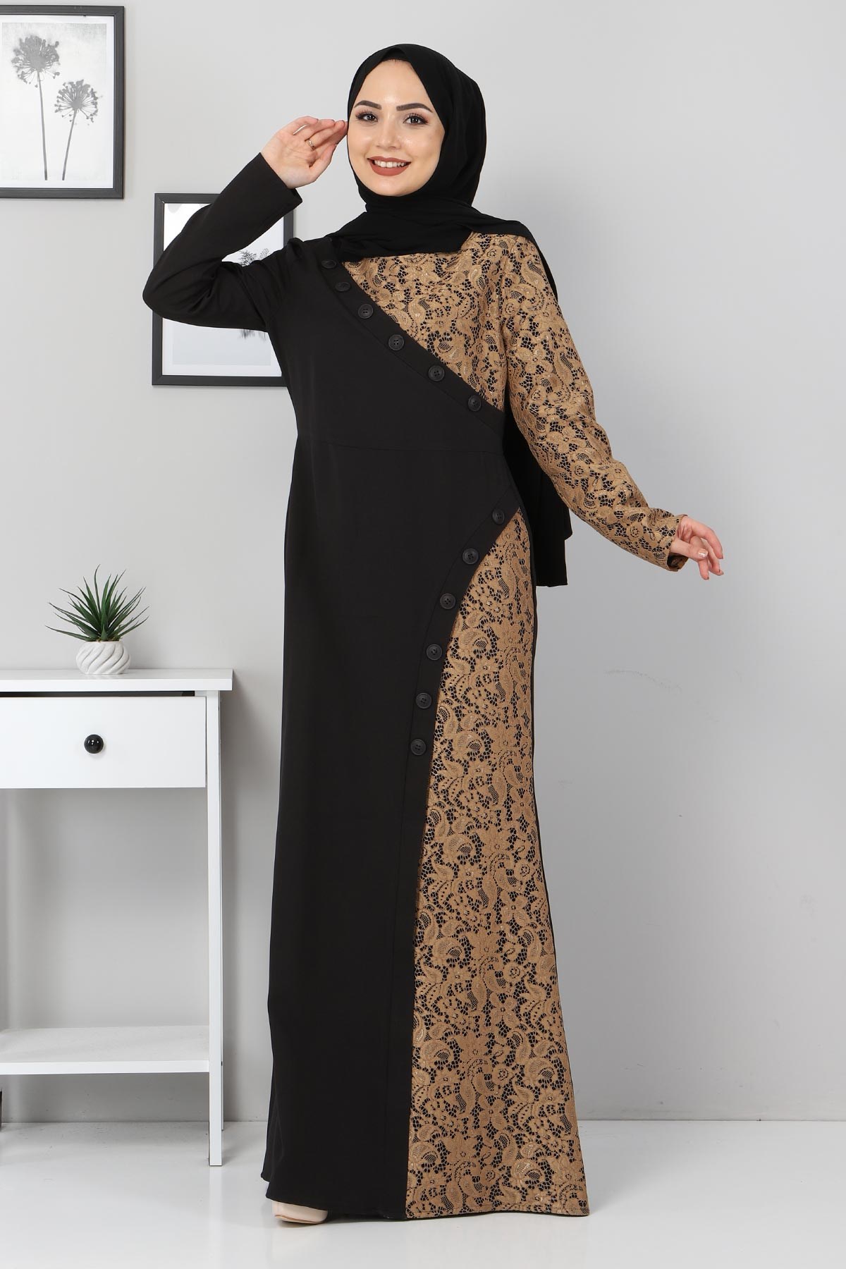 Düğmeli Dantelli Abiye Siyah 9979