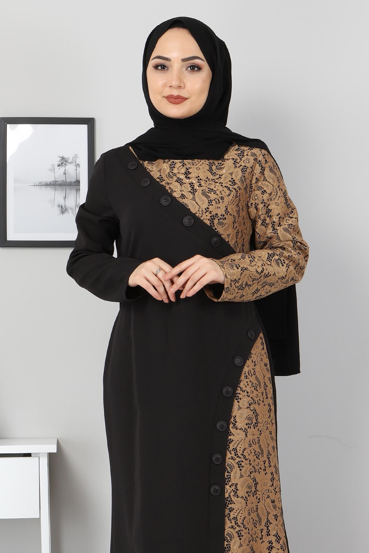 Düğmeli Dantelli Abiye Siyah 9979