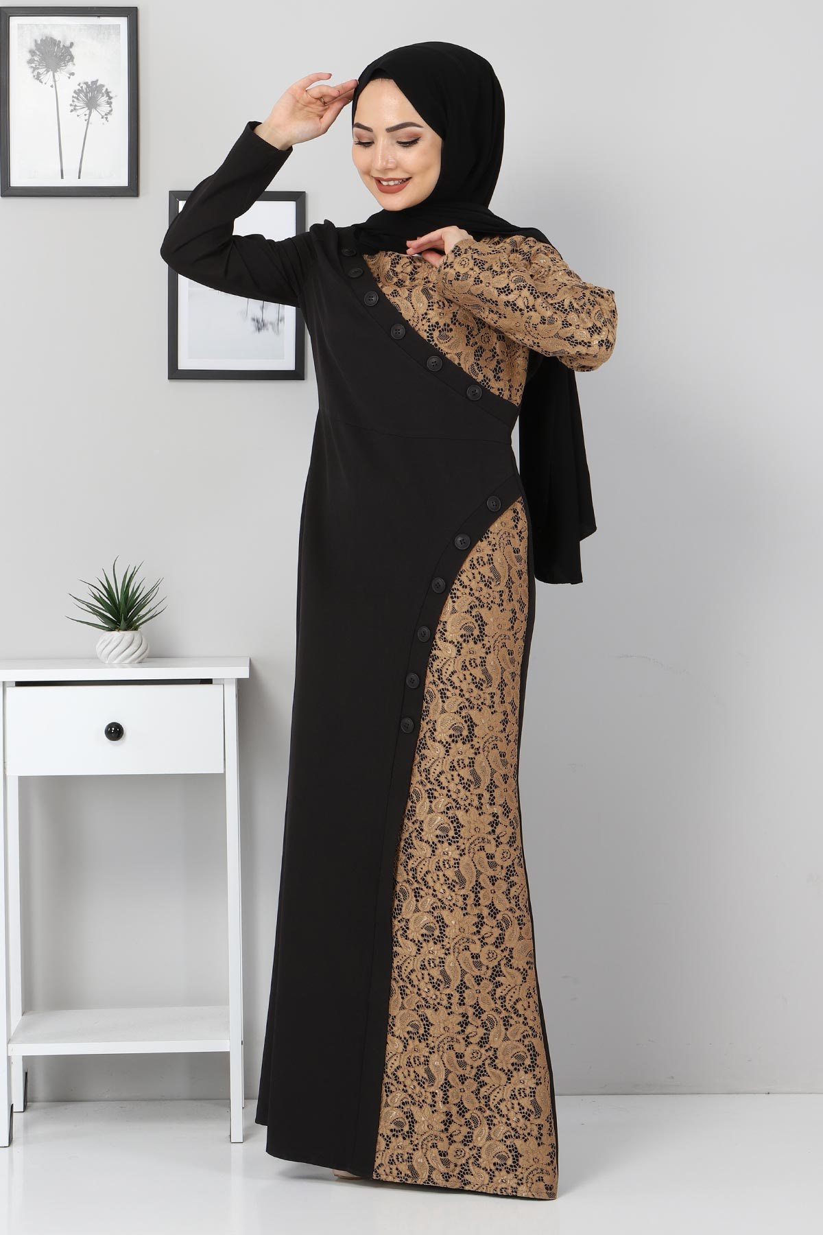 Düğmeli Dantelli Abiye Siyah 9979