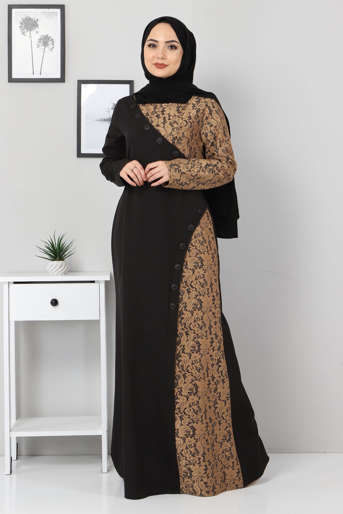 Düğmeli Dantelli Abiye Siyah 9979