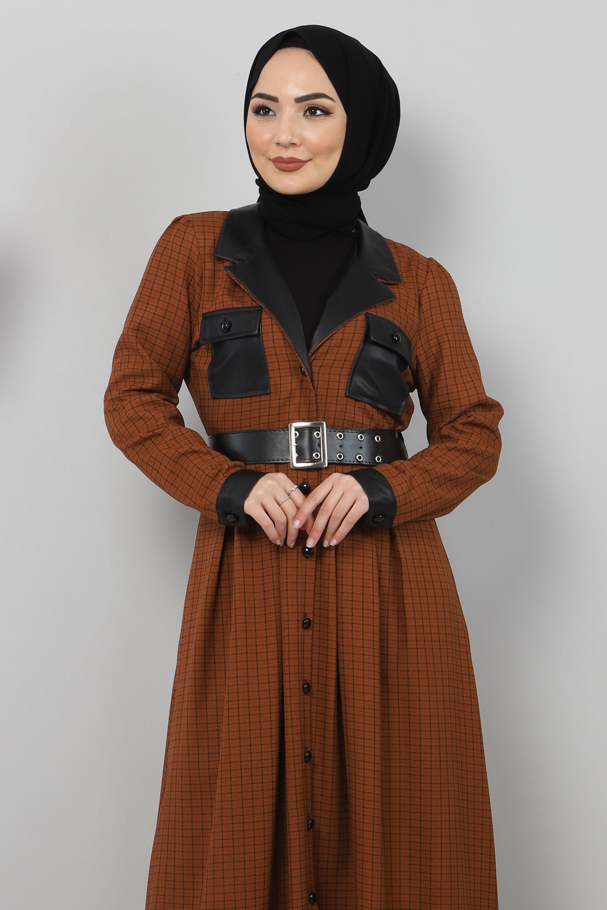 Düğmeli Deri Detaylı Elbise Taba 10419