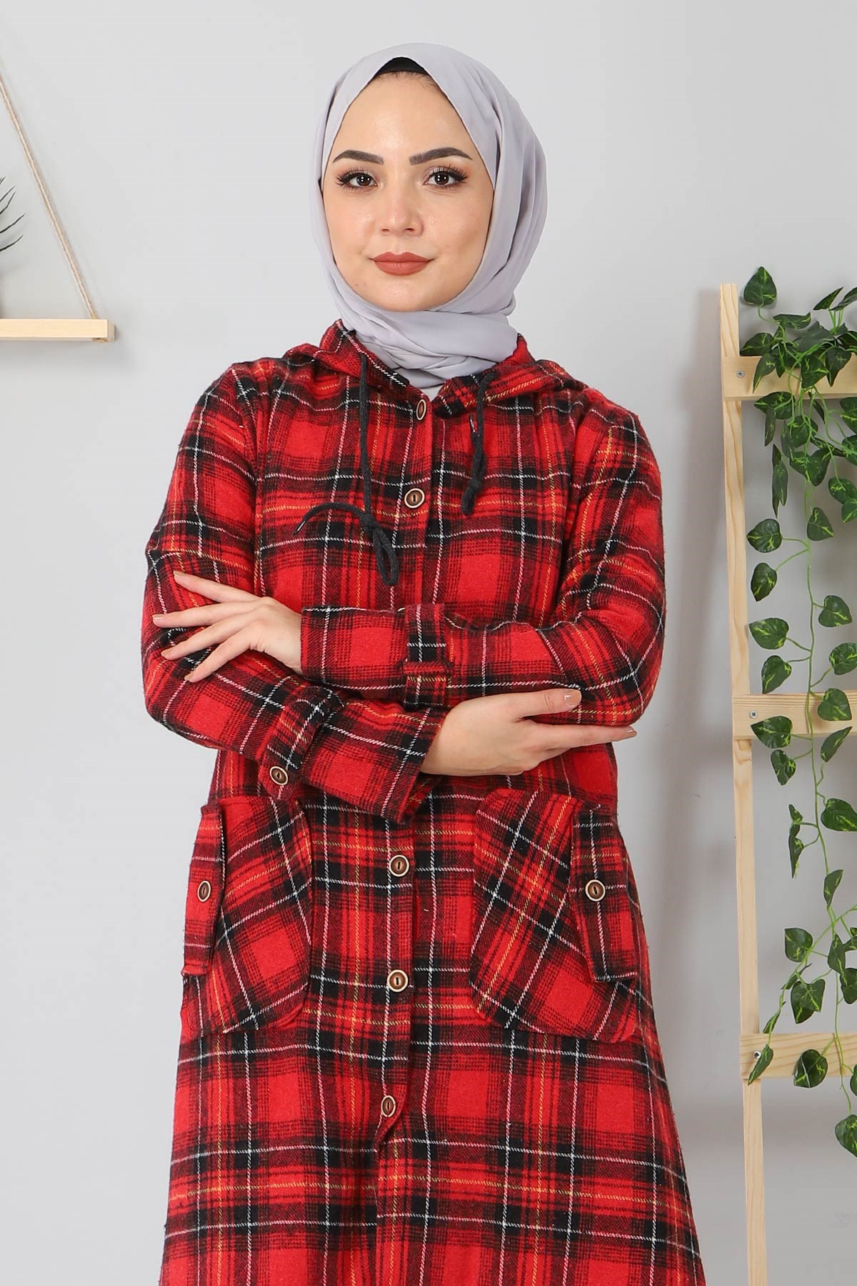 Düğmeli Ekoseli Kap Bordo 10106