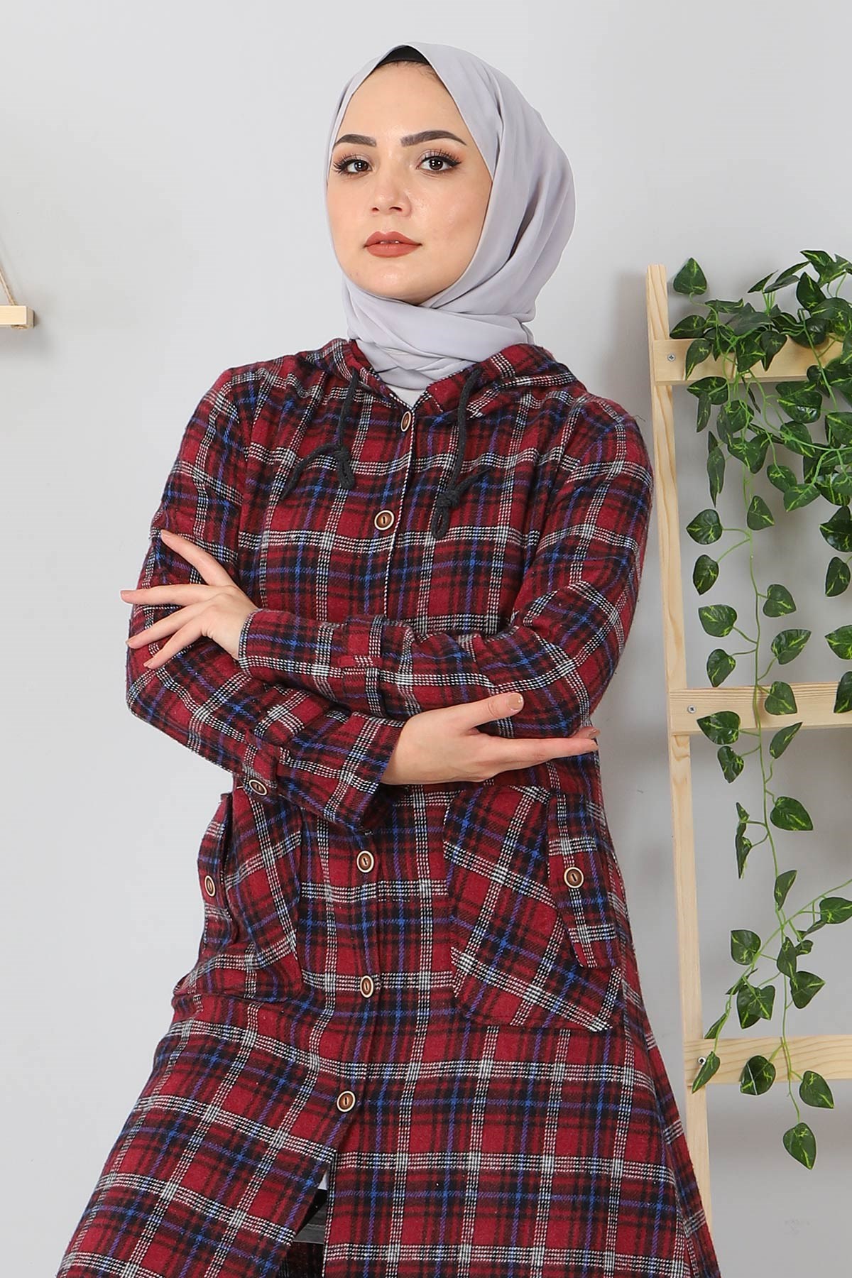 Düğmeli Ekoseli Kap Mürdüm 10106