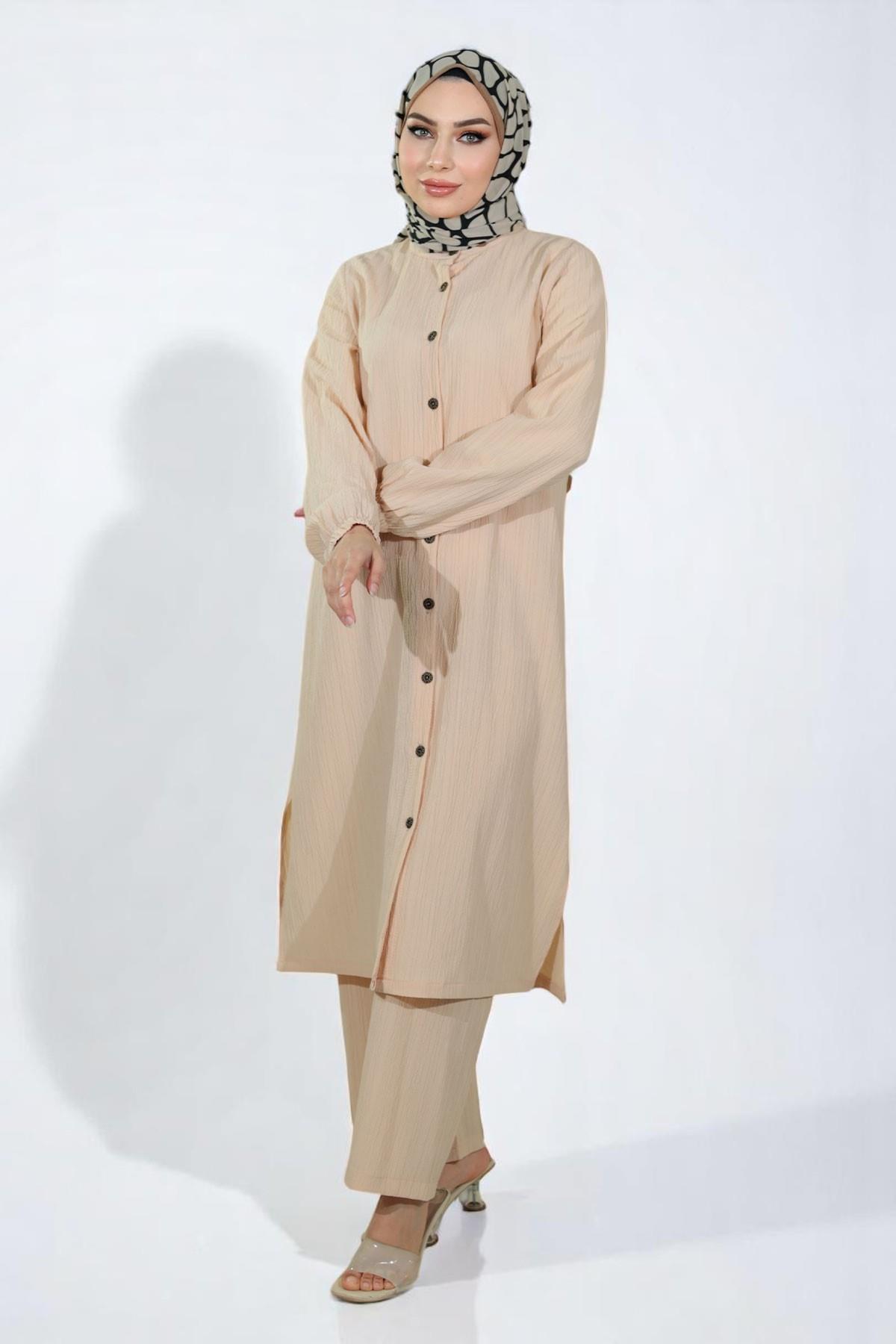 Düğmeli İkili Takım Bej 19179