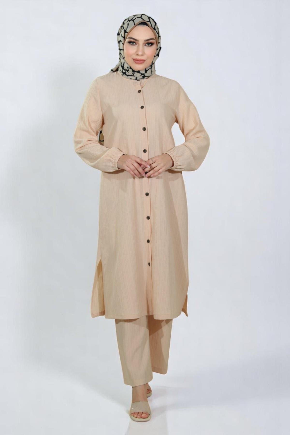 Düğmeli İkili Takım Bej 19179