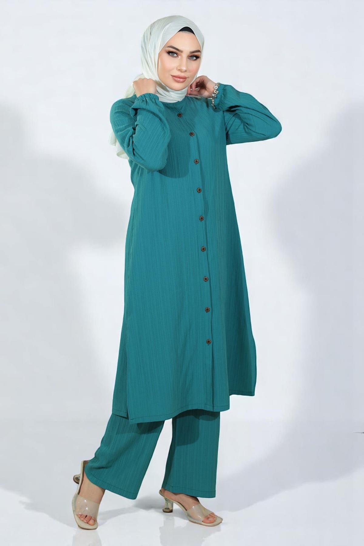 Düğmeli İkili Takım Turkuaz 19179