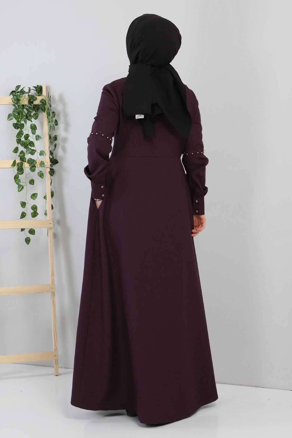 Düğmeli İncili Ferace Mürdüm 9029