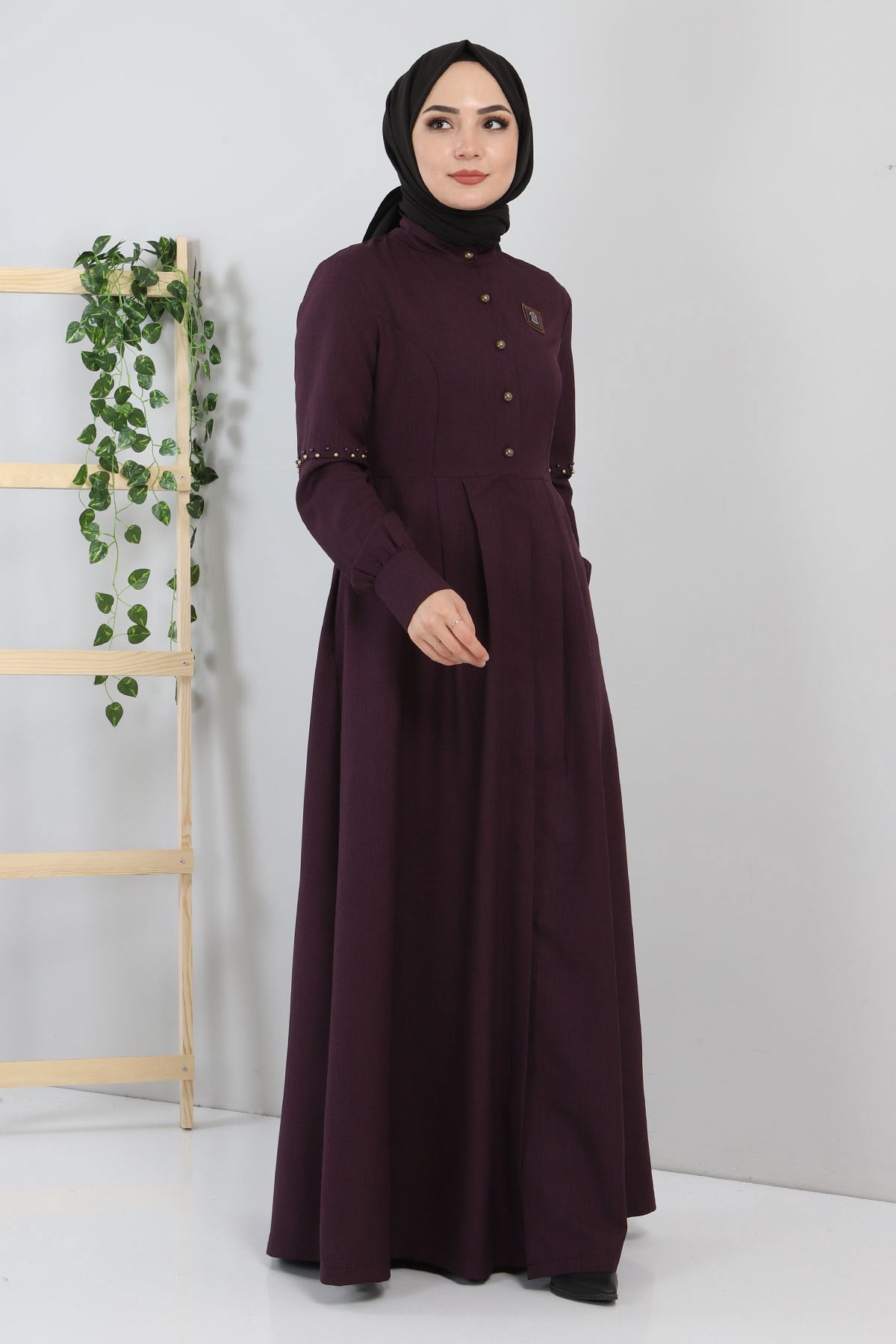 Düğmeli İncili Ferace Mürdüm 9029