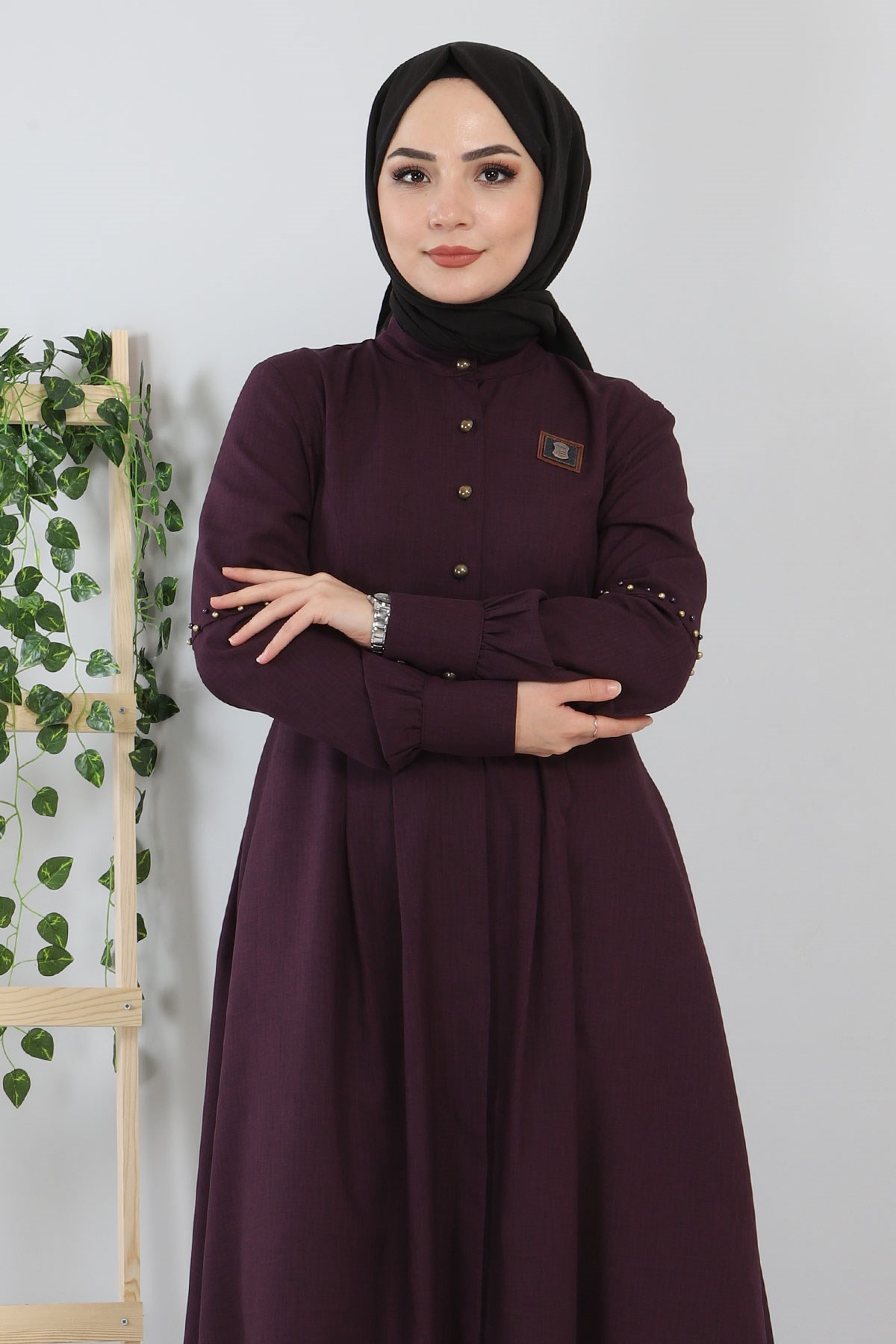 Düğmeli İncili Ferace Mürdüm 9029
