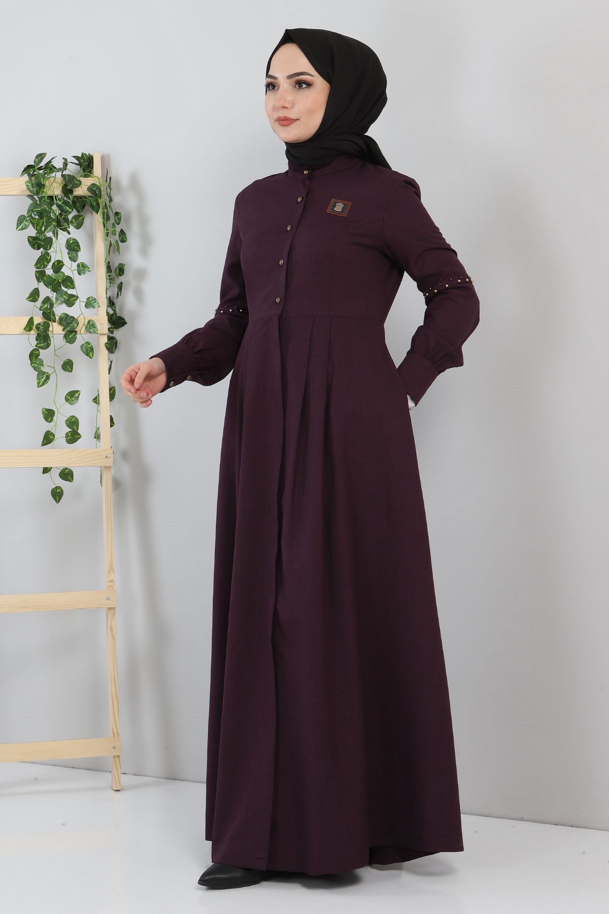 Düğmeli İncili Ferace Mürdüm 9029