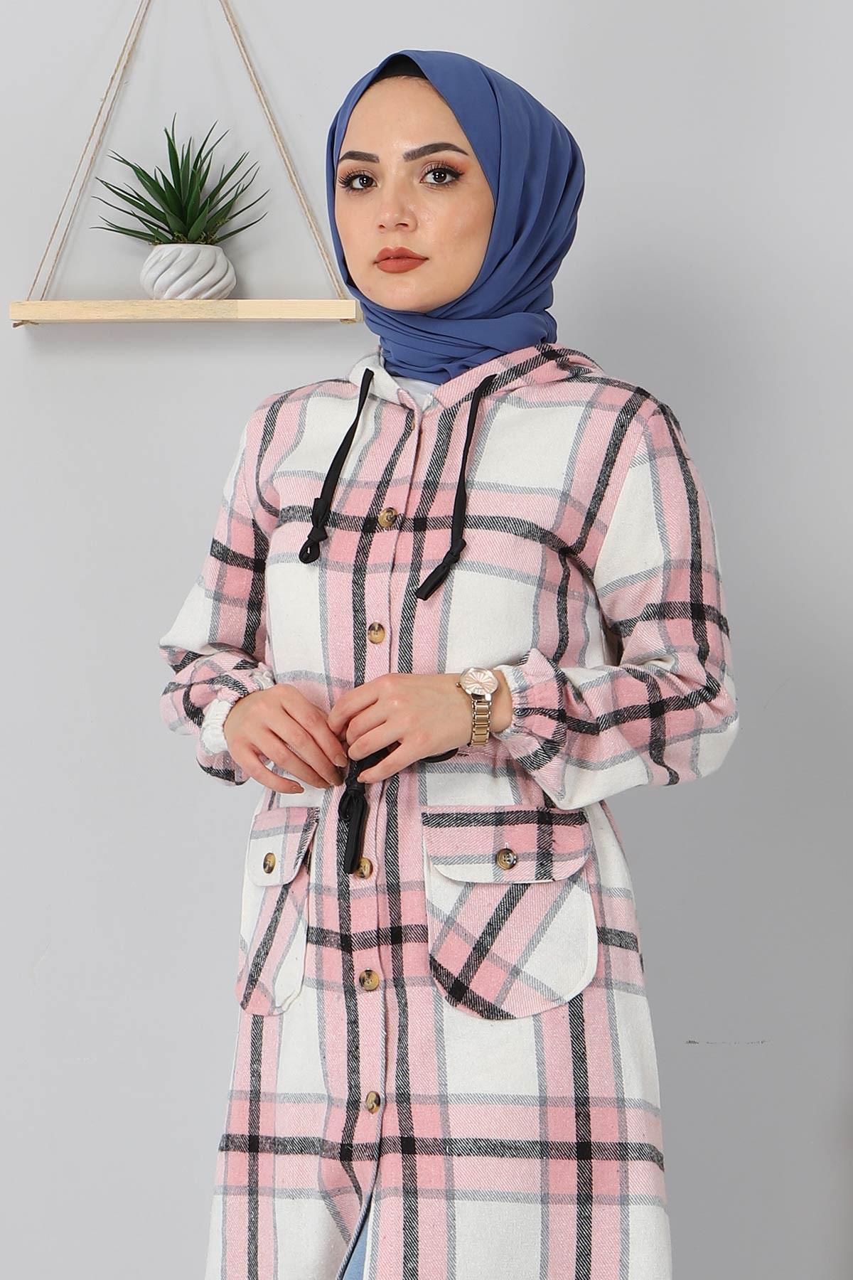 Düğmeli Kapşonlu Kap Pembe 10125