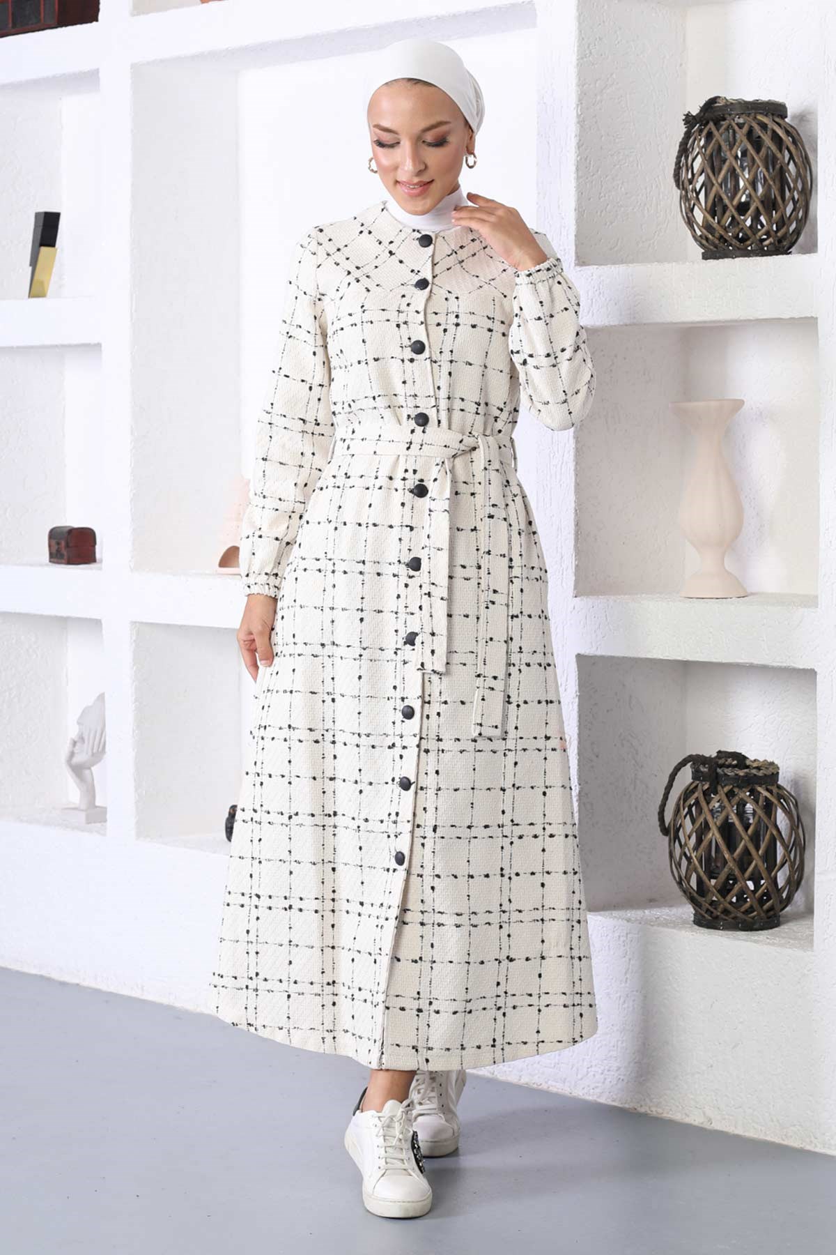 Düğmeli Kaşe Kaban Beyaz 10295