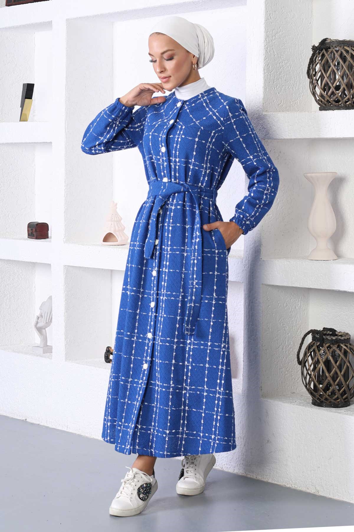 Düğmeli Kaşe Kaban Mavi 10295