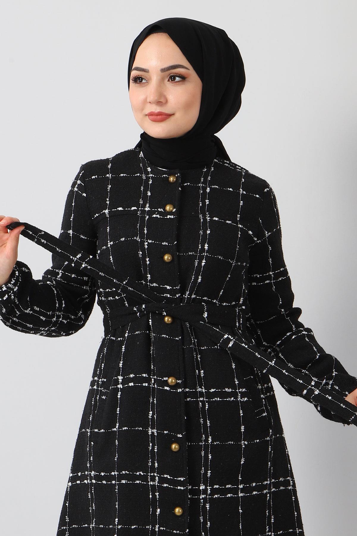 Düğmeli Kaşe Kaban Siyah 10299