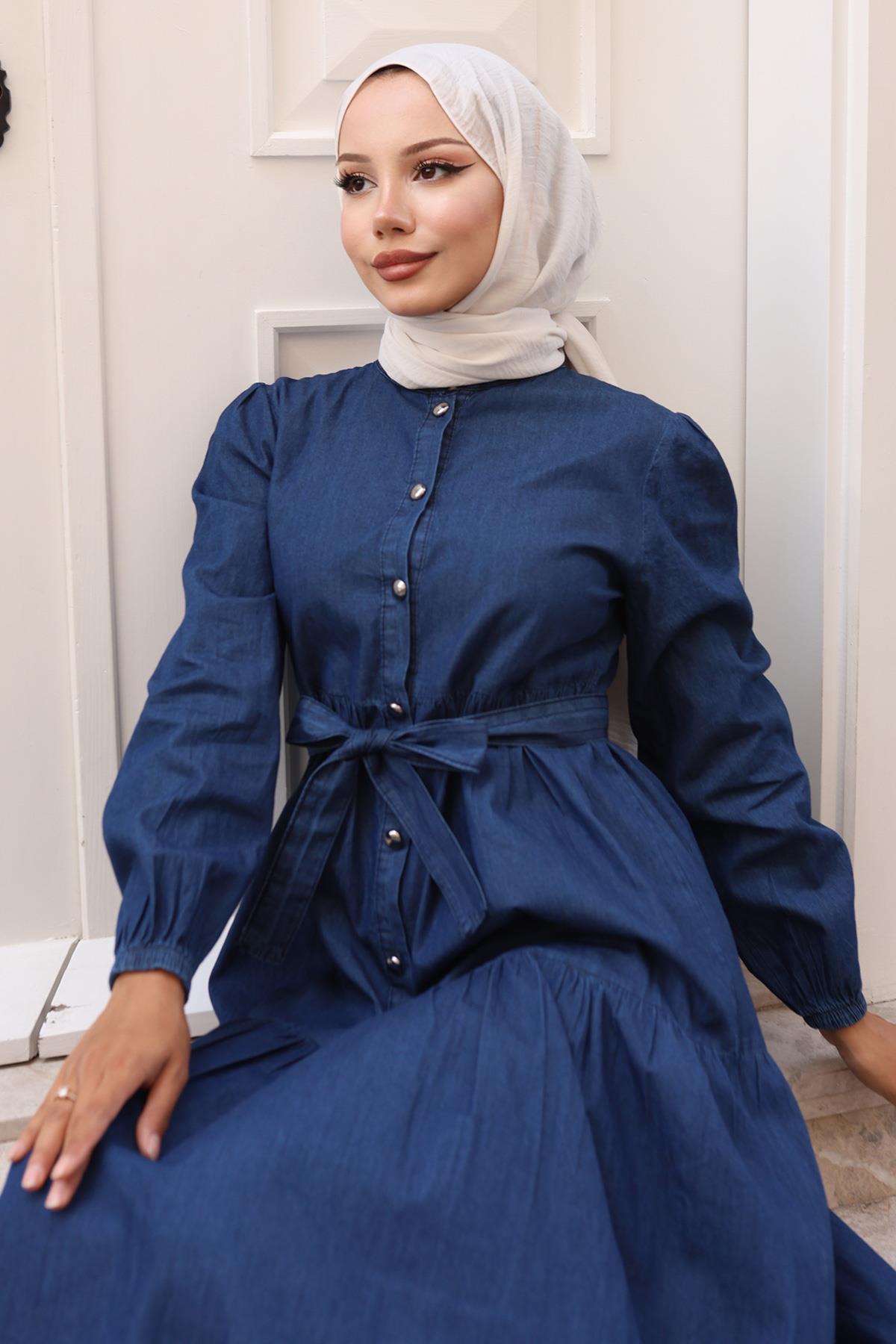 Düğmeli Kat Kat Kot Elbise Koyu Kot 19263