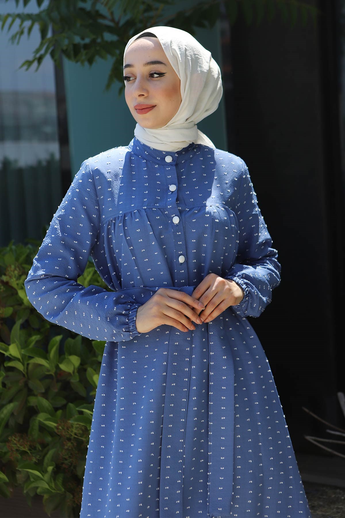 Düğmeli Kemerli Elbise Mavi 10134