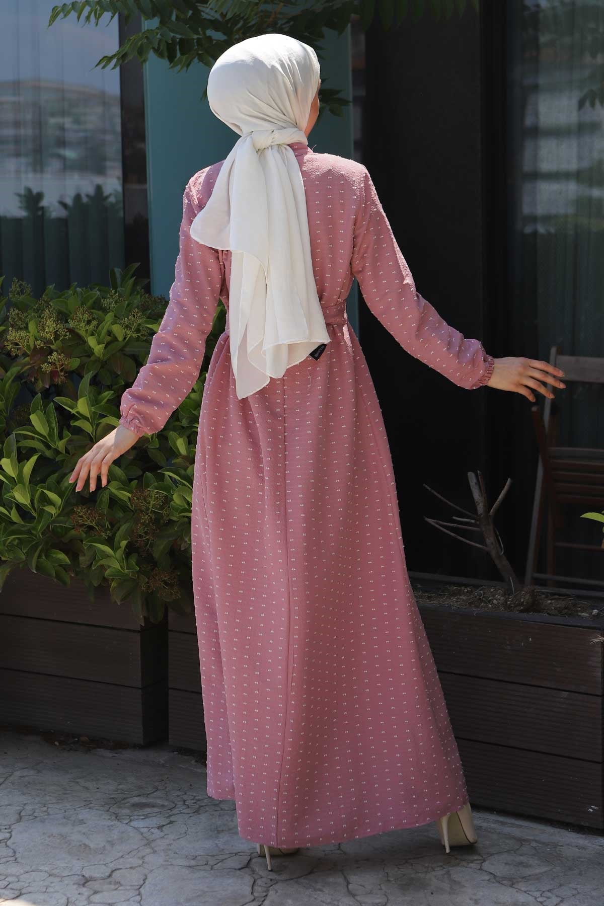Düğmeli Kemerli Elbise Pembe 10134
