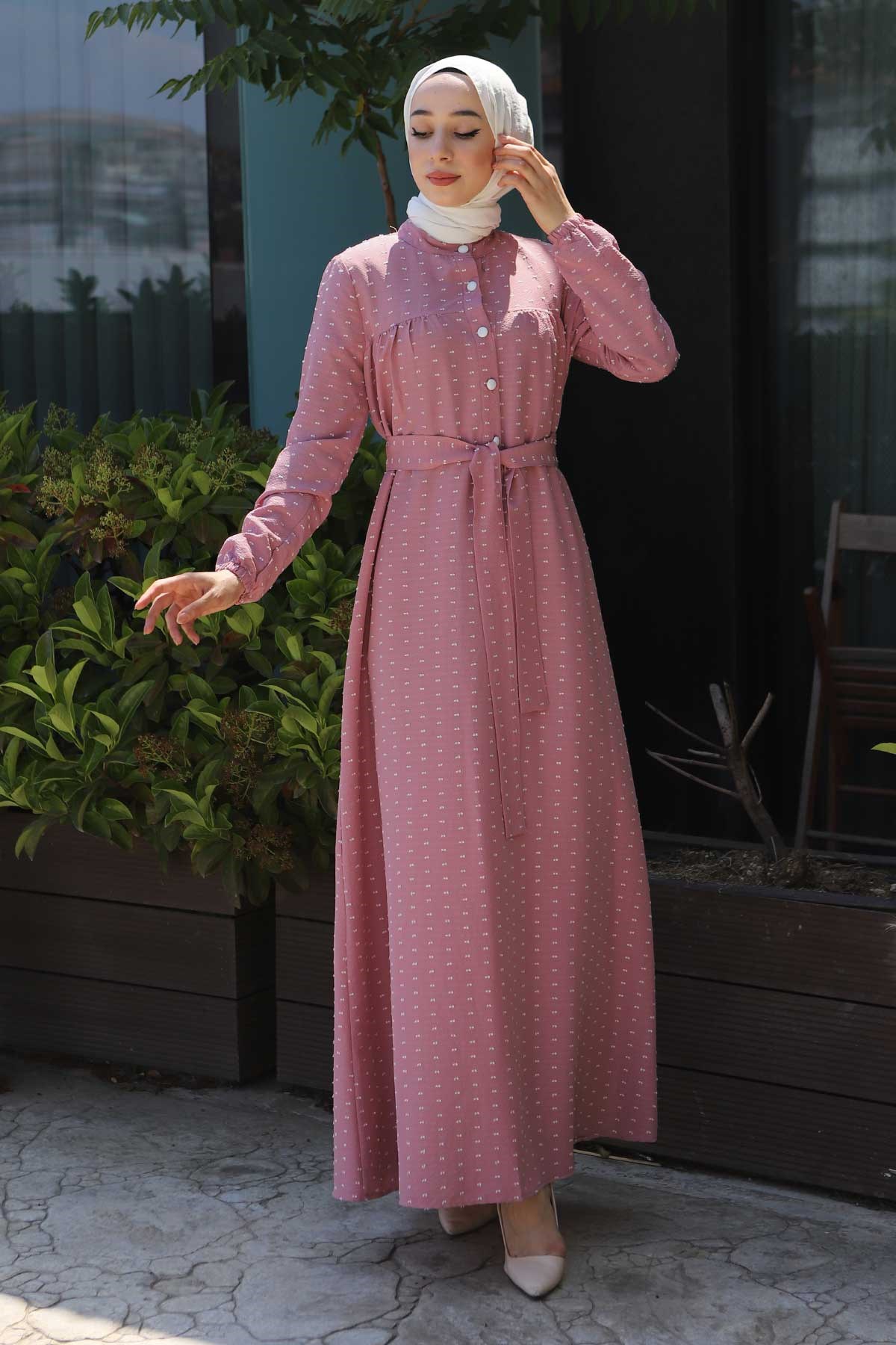 Düğmeli Kemerli Elbise Pembe 10134