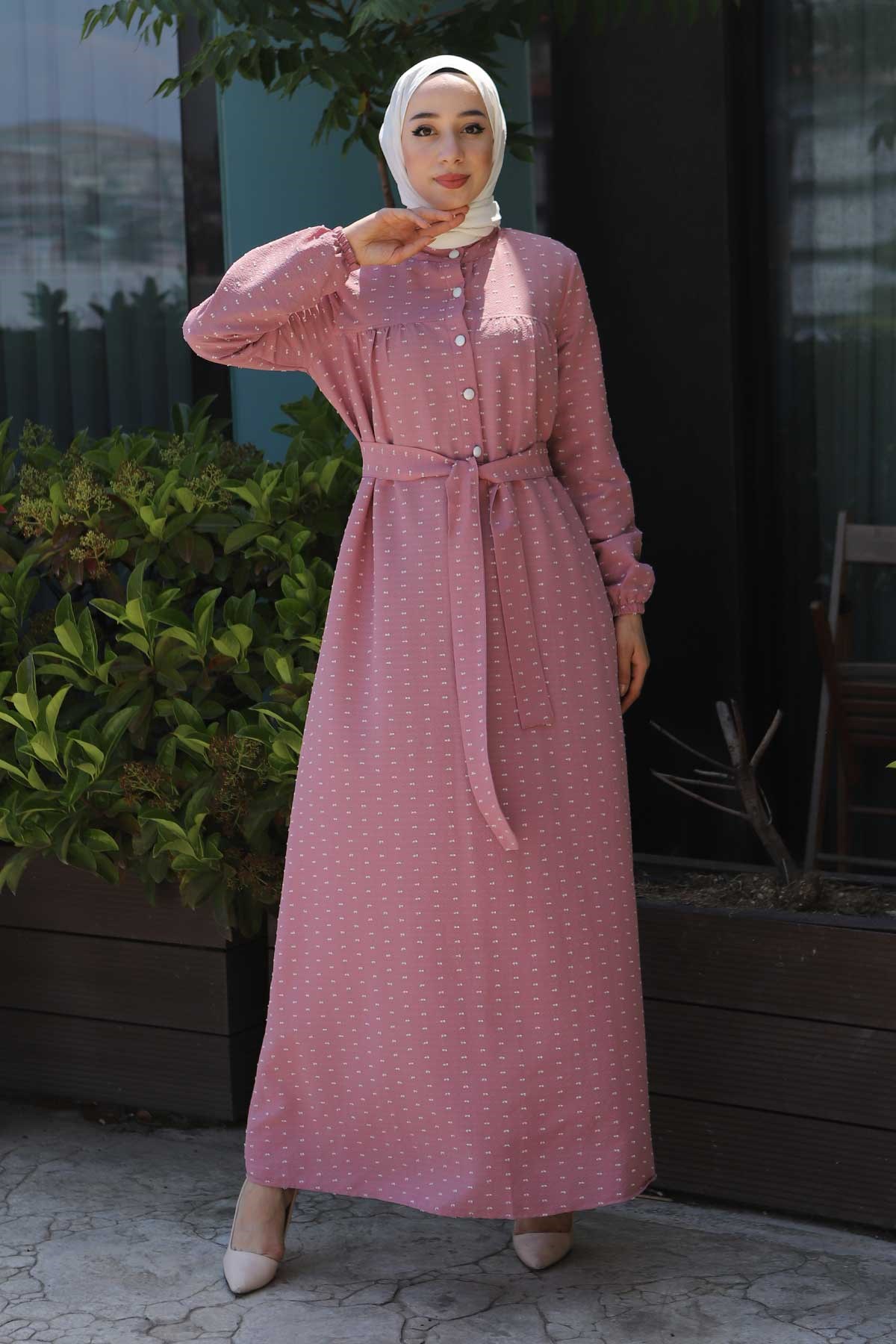 Düğmeli Kemerli Elbise Pembe 10134