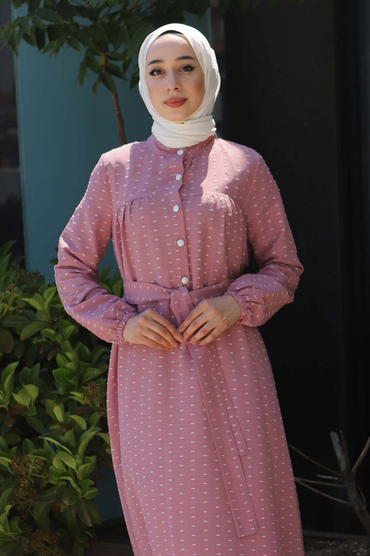 Düğmeli Kemerli Elbise Pembe 10134