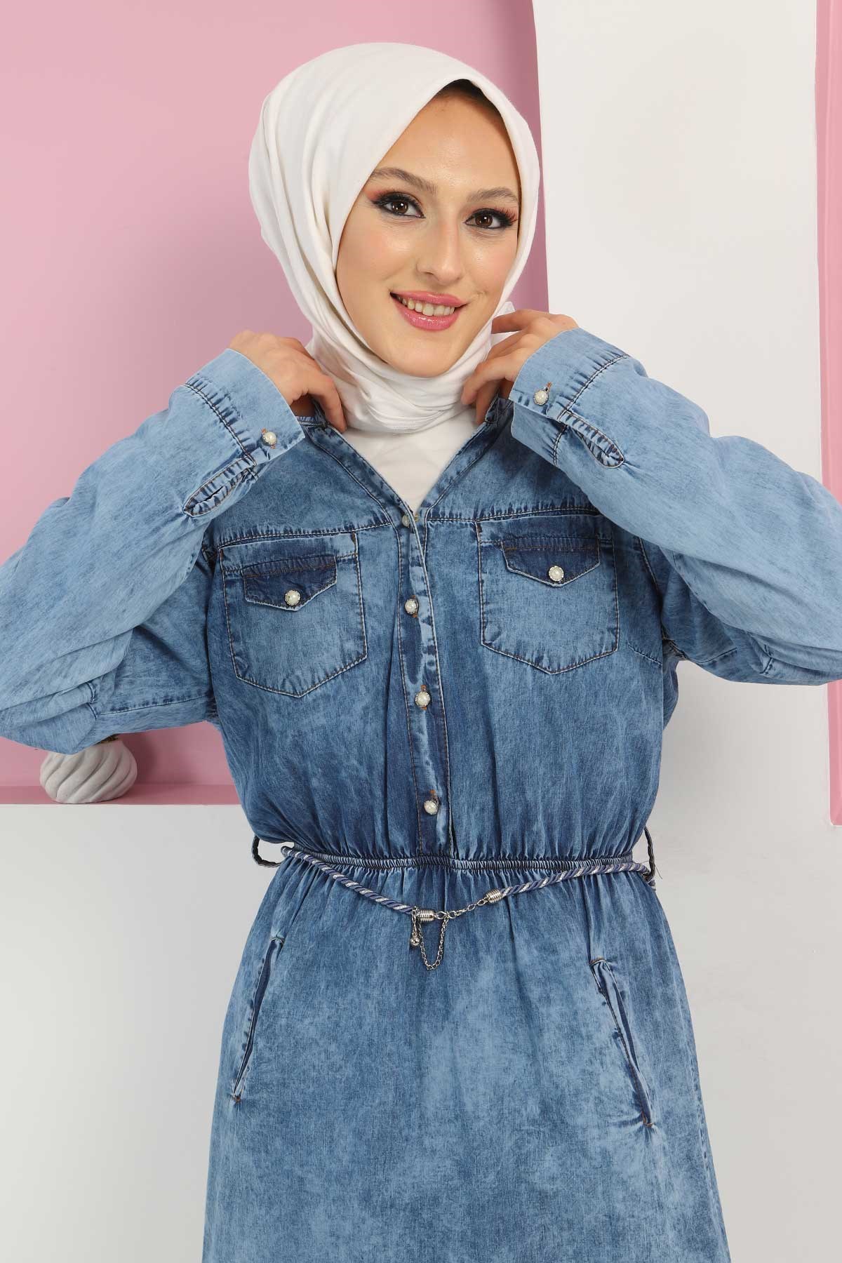 Düğmeli Kemerli Kot Tunik Mavi Mavi 5023