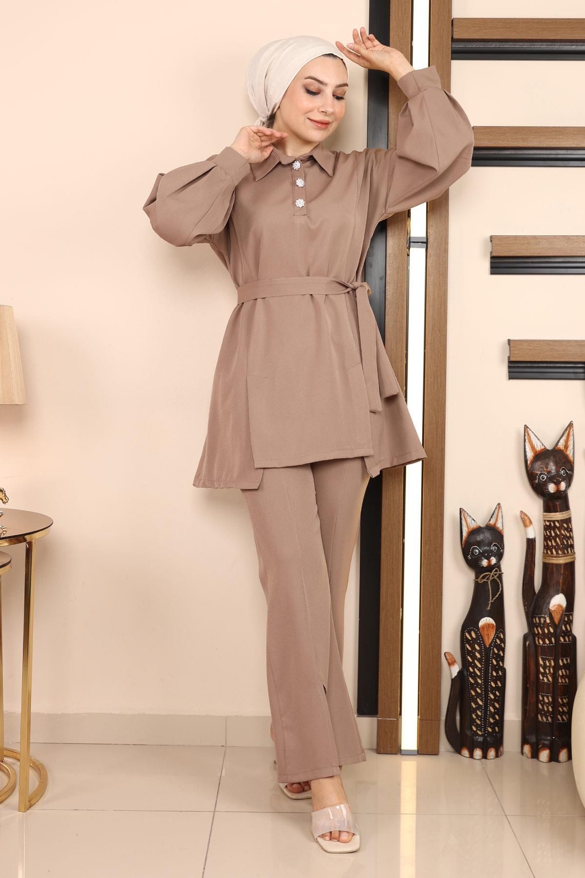 Düğmeli Klasik Takım Vizon Vizon MSW19129-3