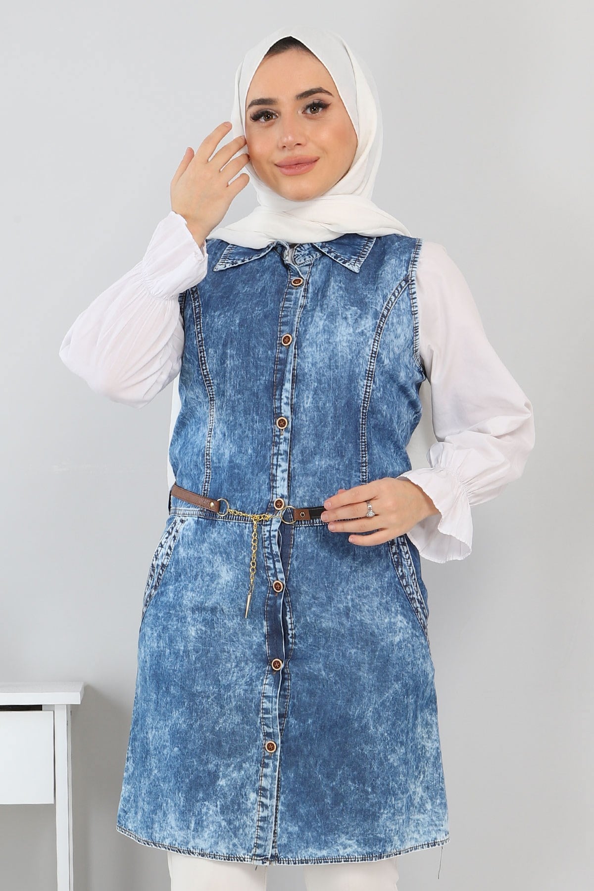 Düğmeli Kot Tunik Mavi 5013