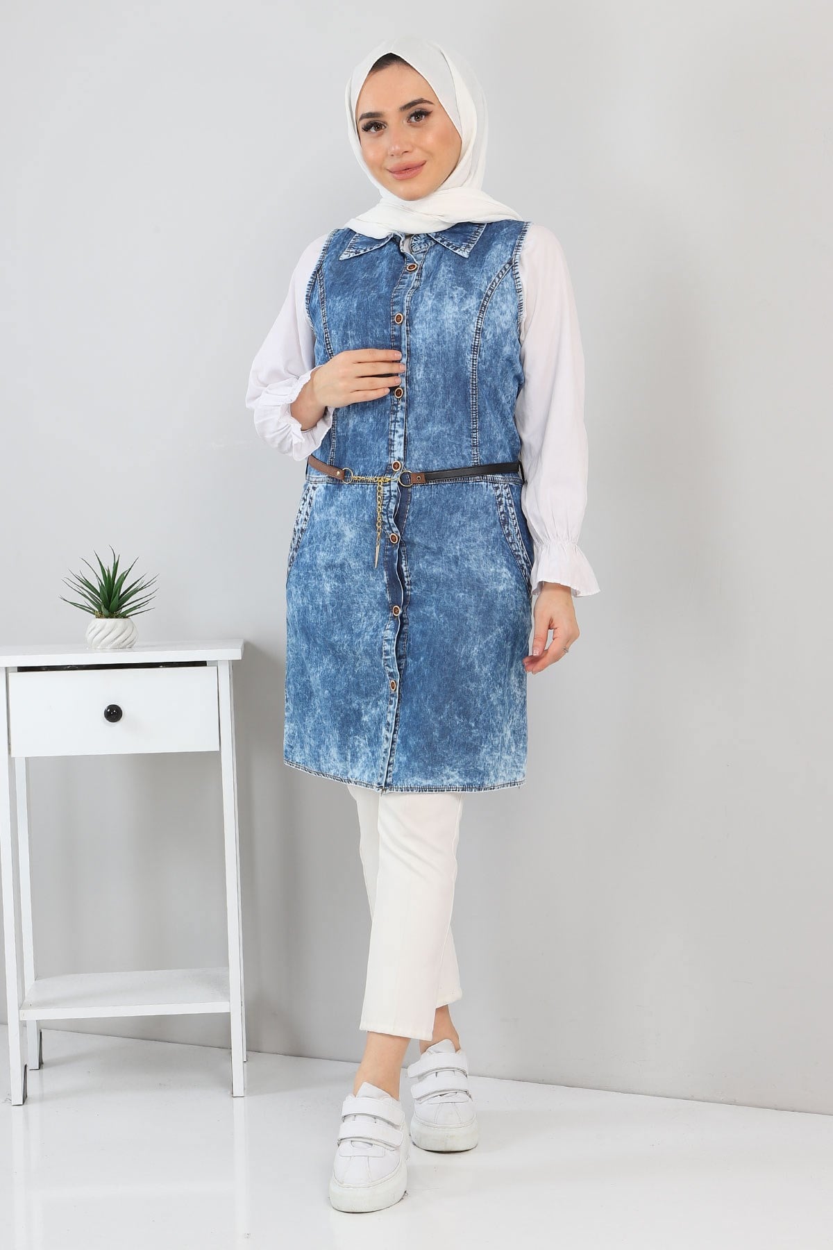 Düğmeli Kot Tunik Mavi 5013
