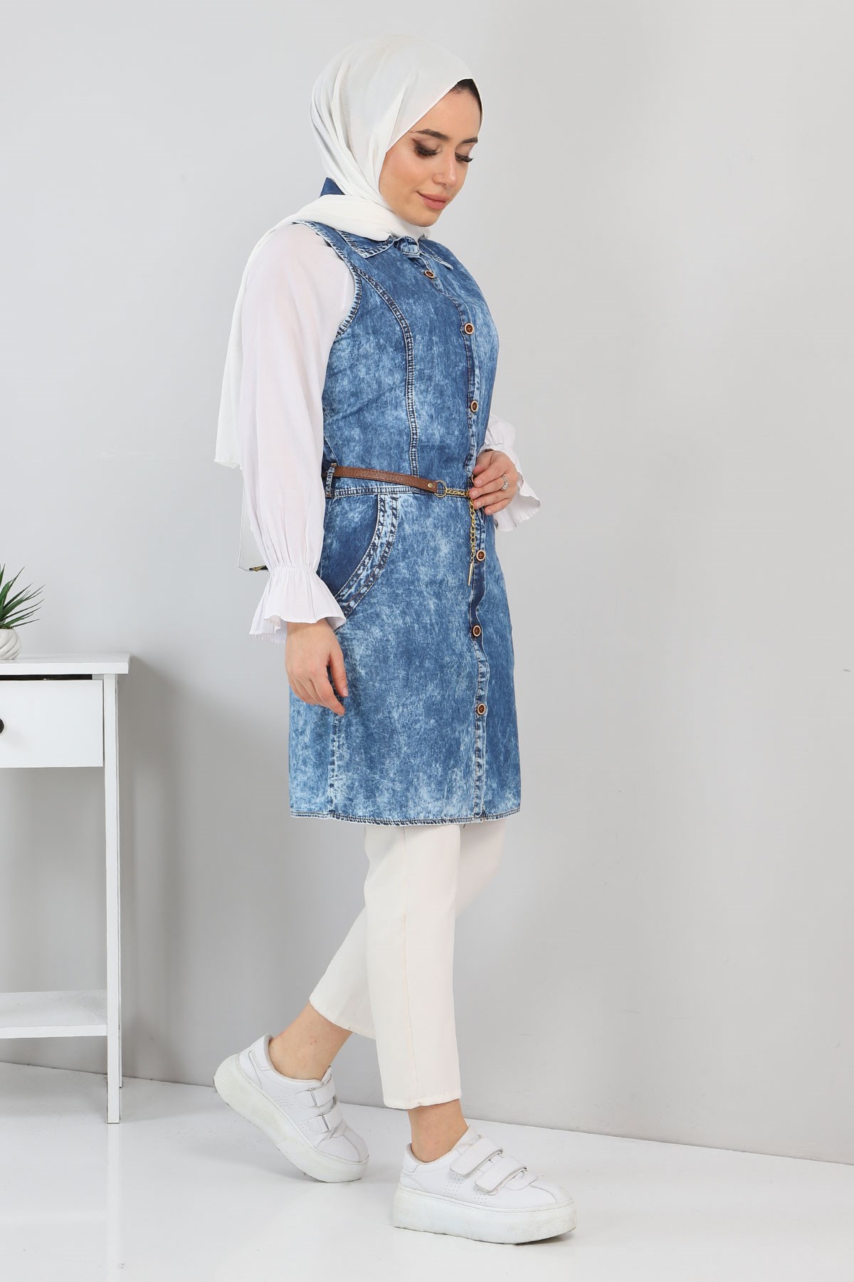 Düğmeli Kot Tunik Mavi 5013