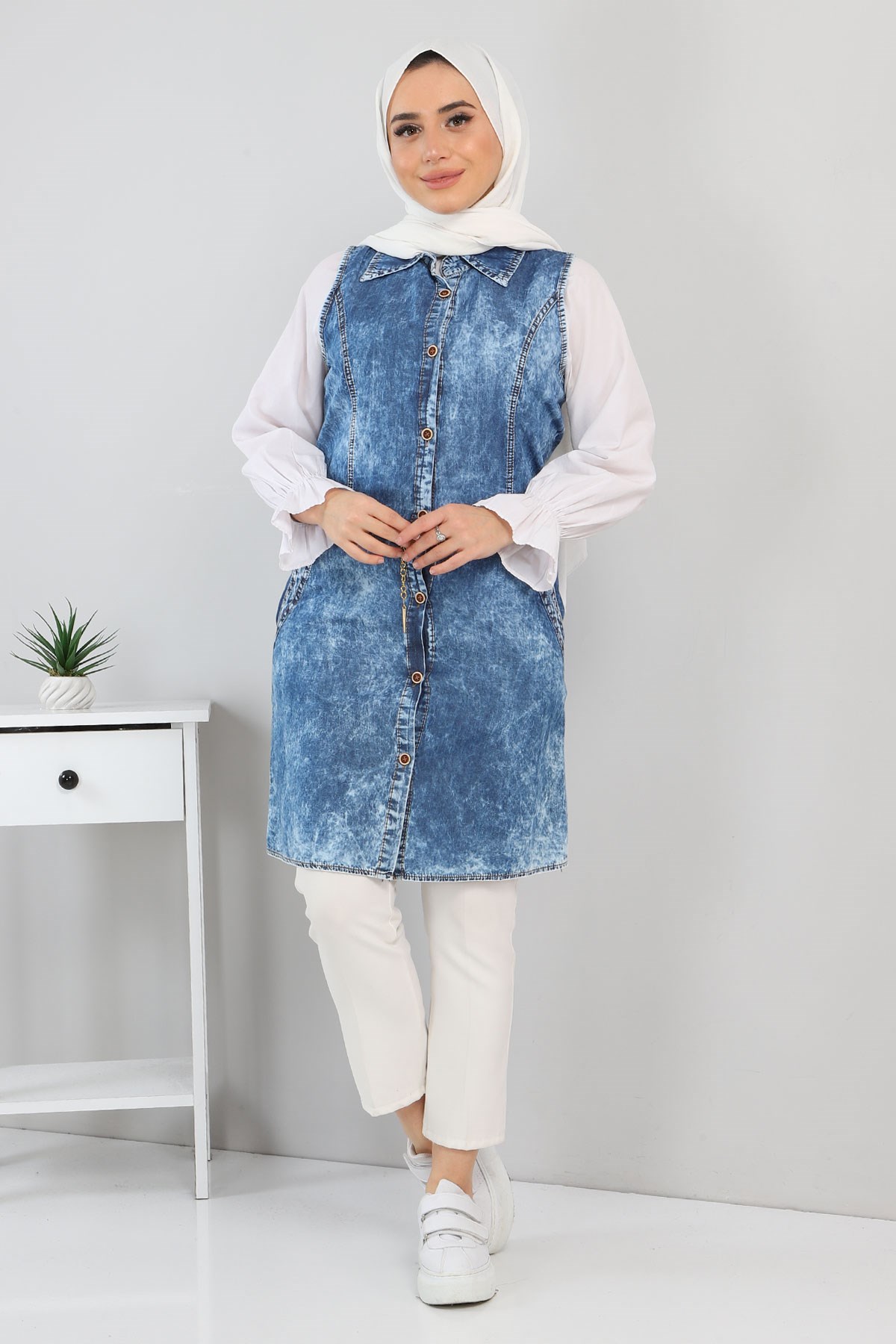 Düğmeli Kot Tunik Mavi 5013