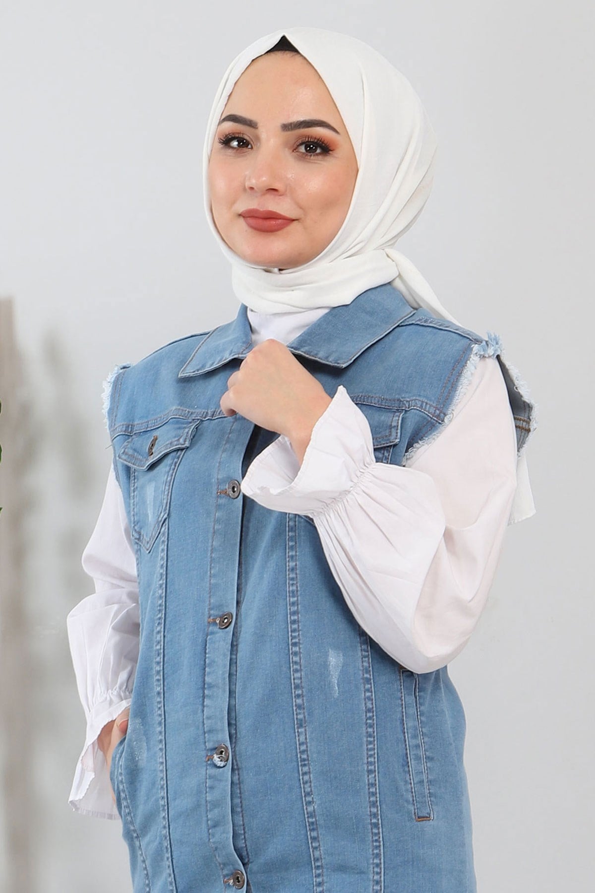 Düğmeli Kot Yelek Açık Kot 6014