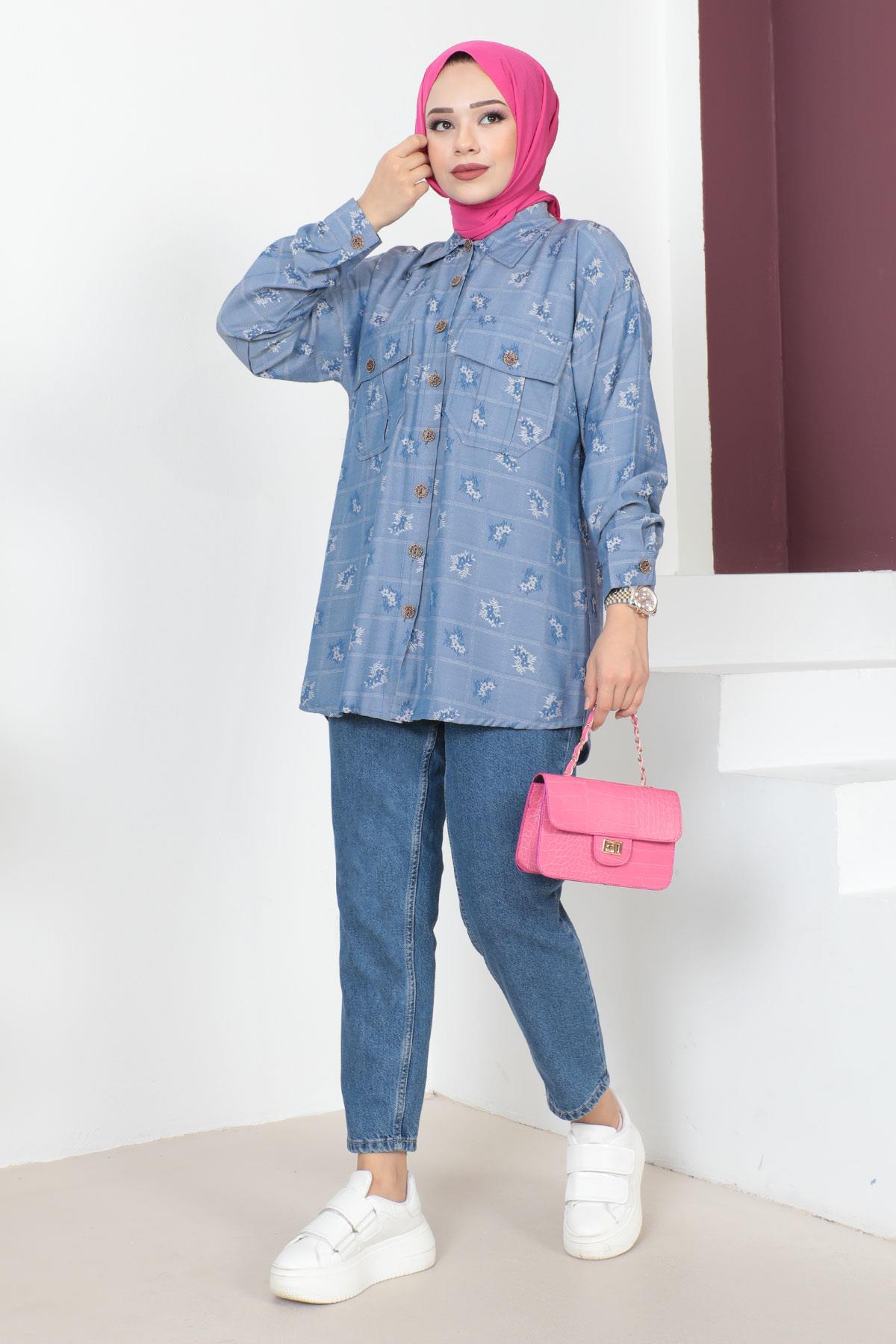 Düğmeli Oversize Gömlek Mavi 6072