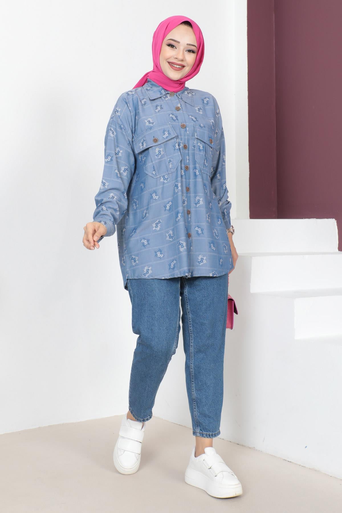 Düğmeli Oversize Gömlek Mavi 6072