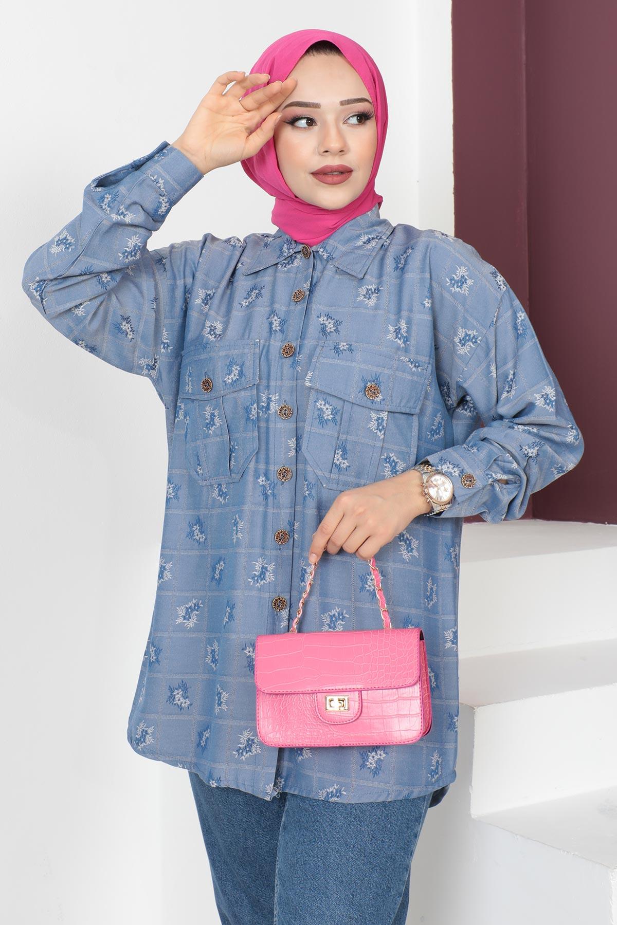 Düğmeli Oversize Gömlek Mavi 6072