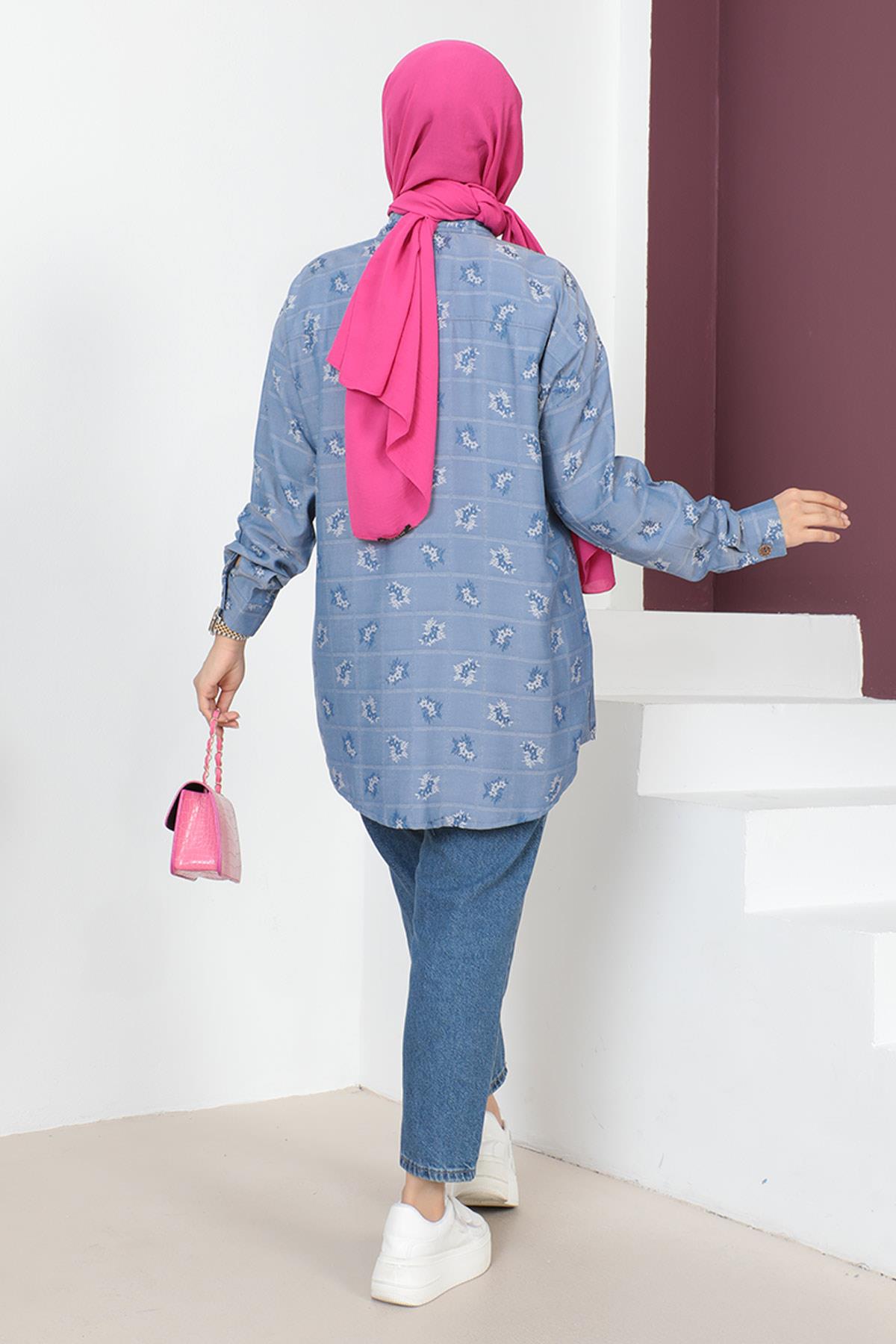 Düğmeli Oversize Gömlek Mavi 6072