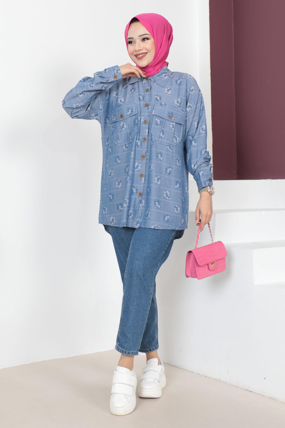 Düğmeli Oversize Gömlek Mavi 6072