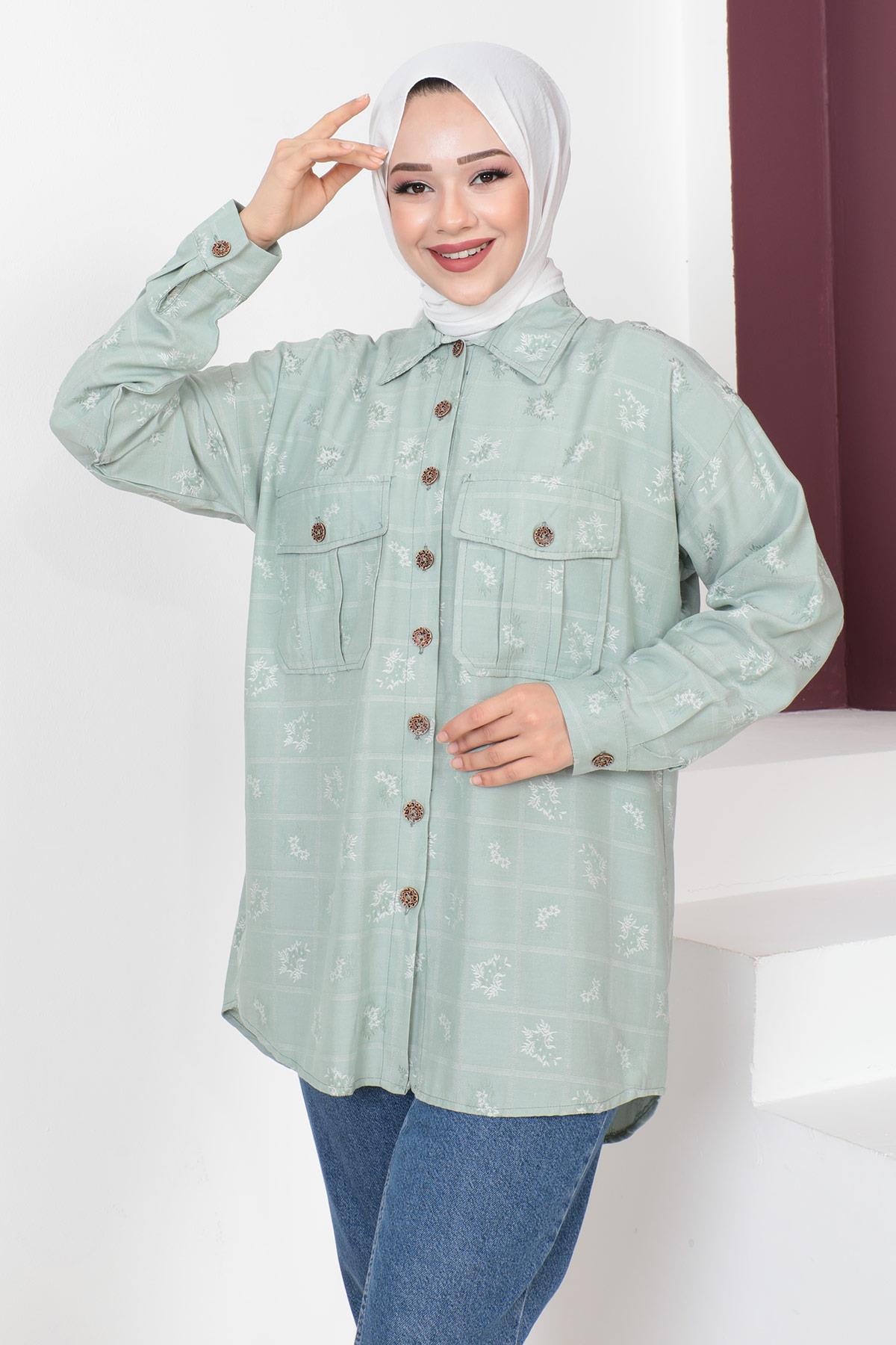 Düğmeli Oversize Gömlek Mint 6072