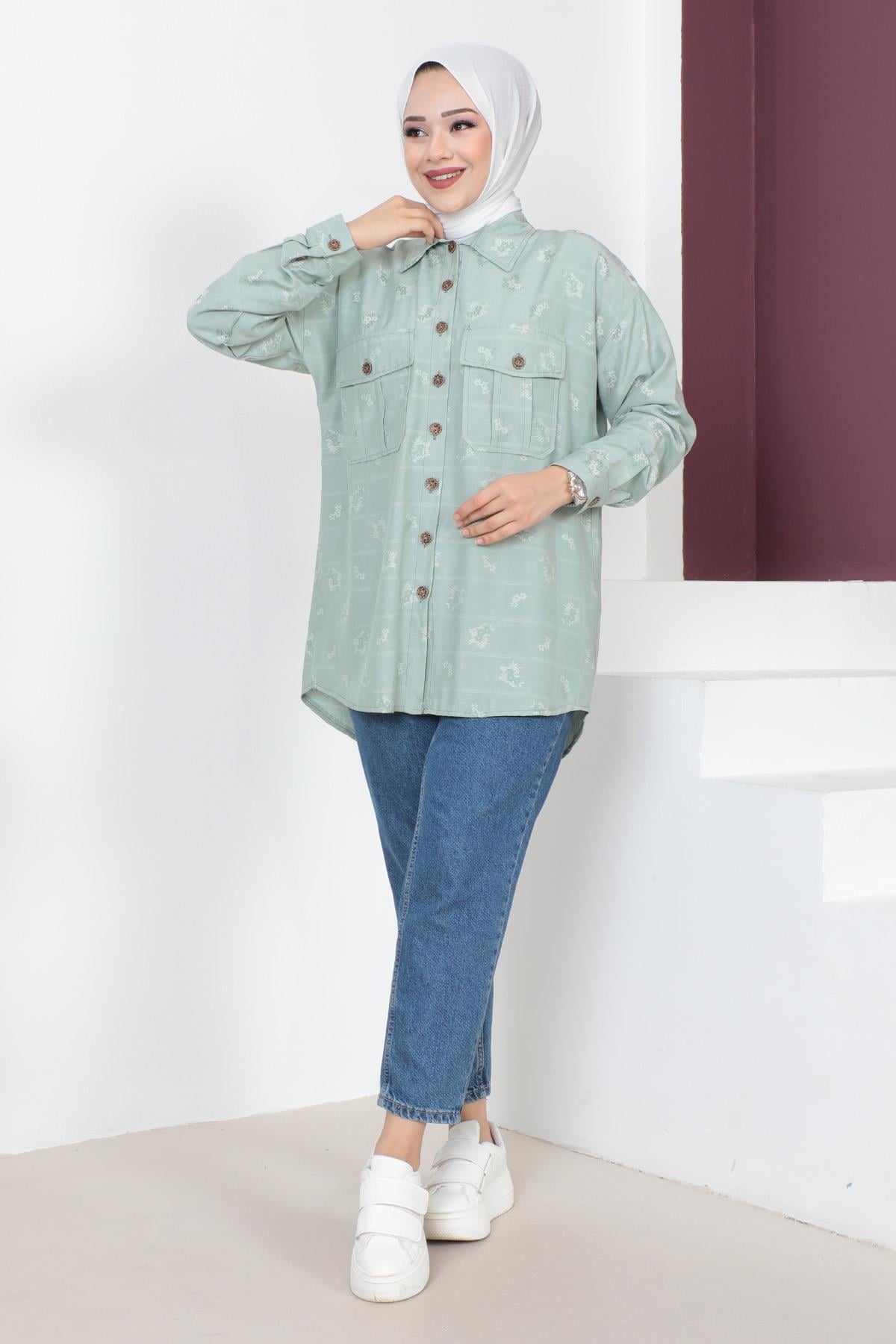 Düğmeli Oversize Gömlek Mint 6072