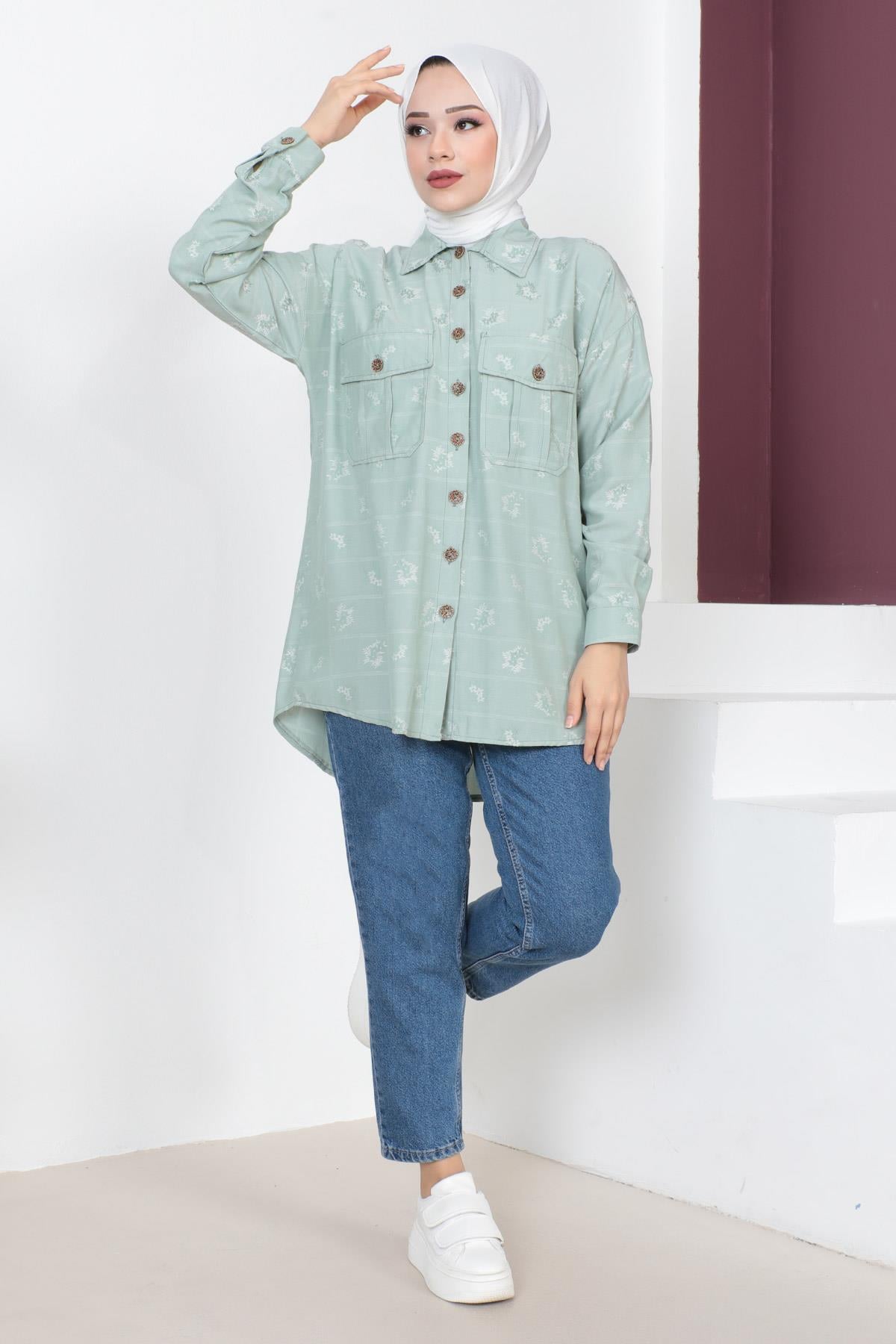 Düğmeli Oversize Gömlek Mint 6072