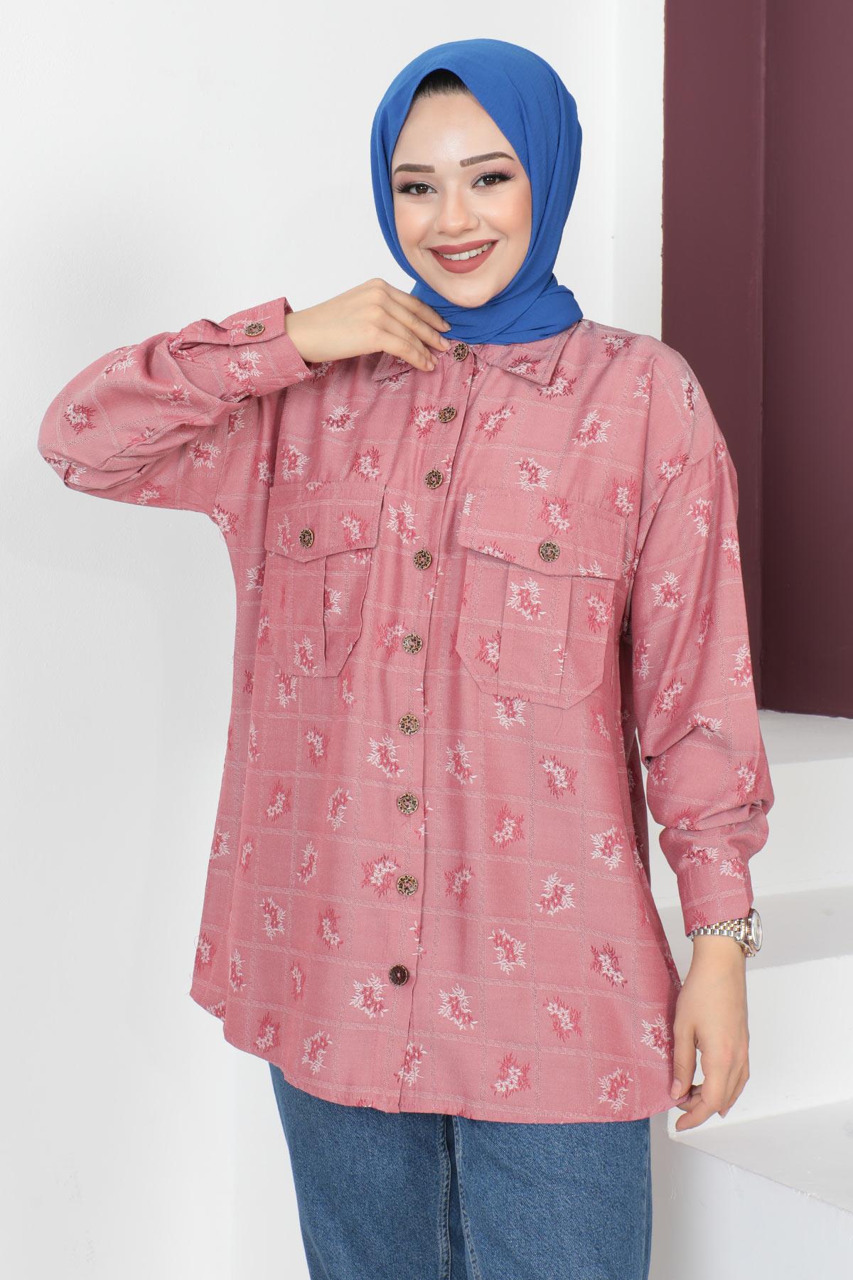 Düğmeli Oversize Gömlek Pembe 6072