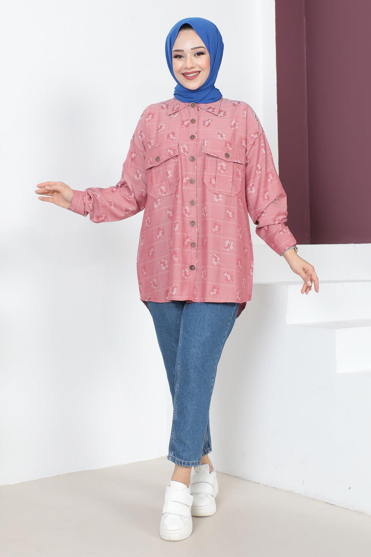 Düğmeli Oversize Gömlek Pembe 6072