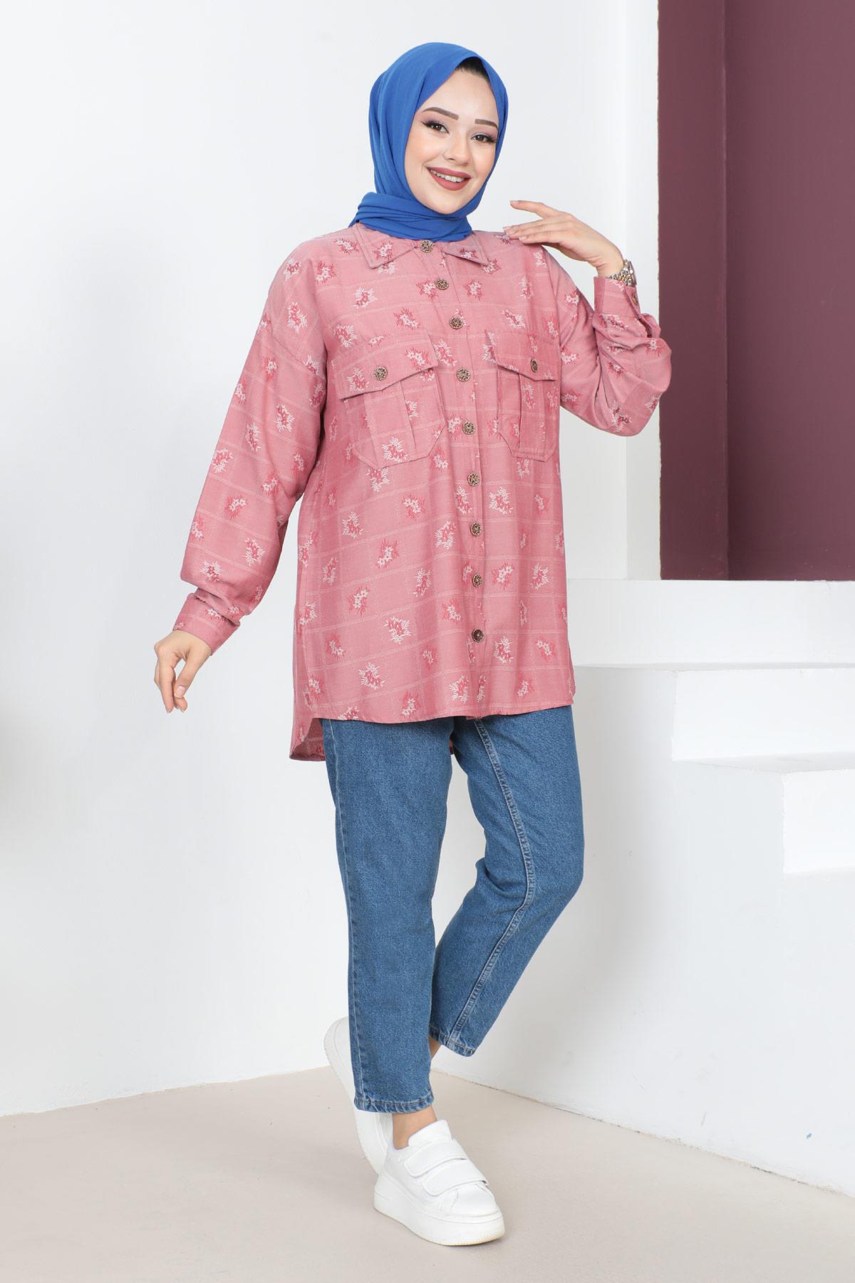 Düğmeli Oversize Gömlek Pembe 6072