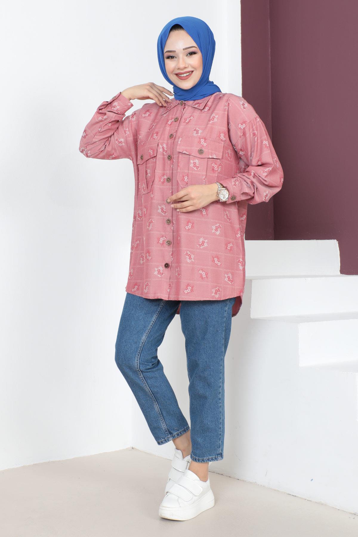 Düğmeli Oversize Gömlek Pembe 6072