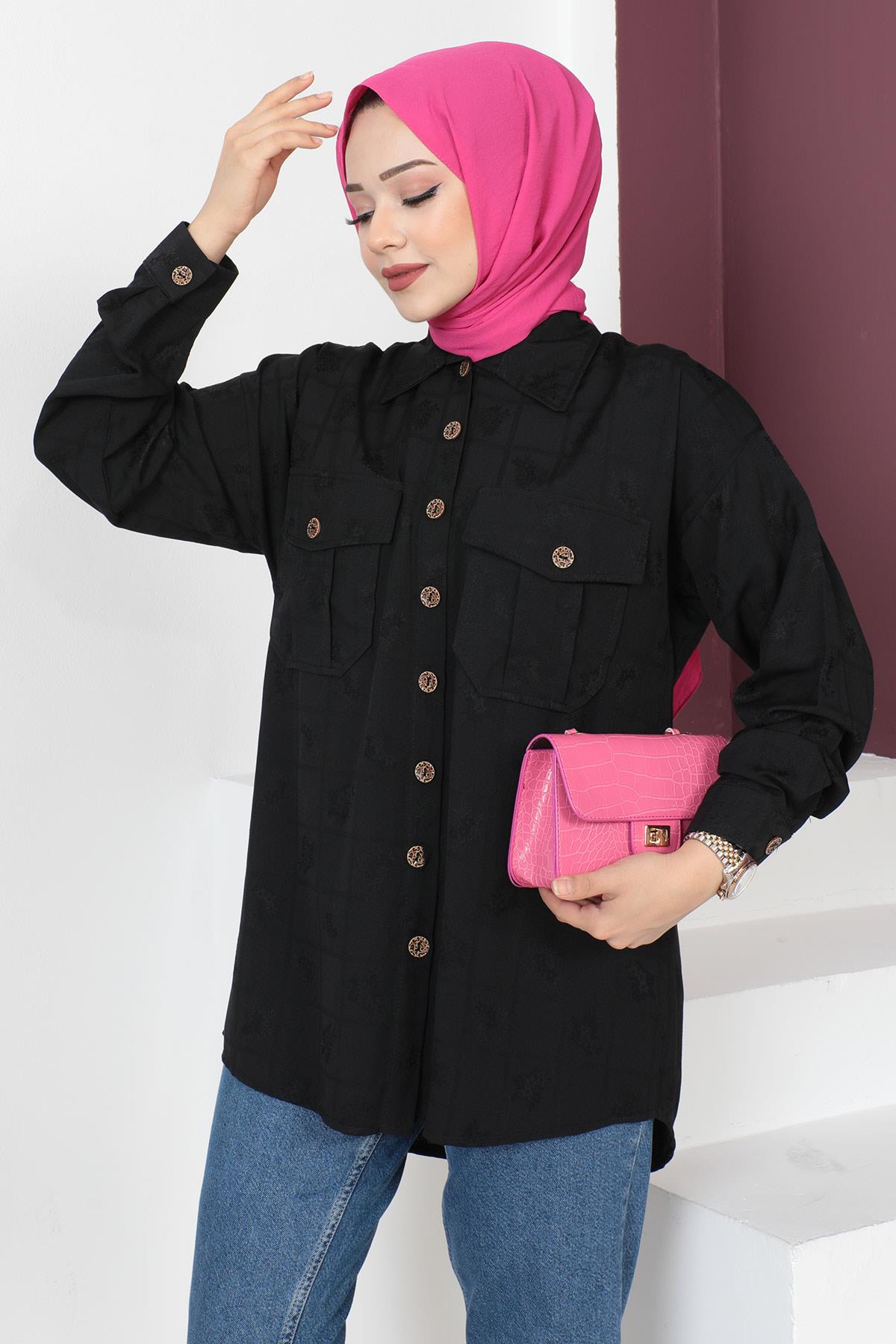 Düğmeli Oversize Gömlek Siyah 6072